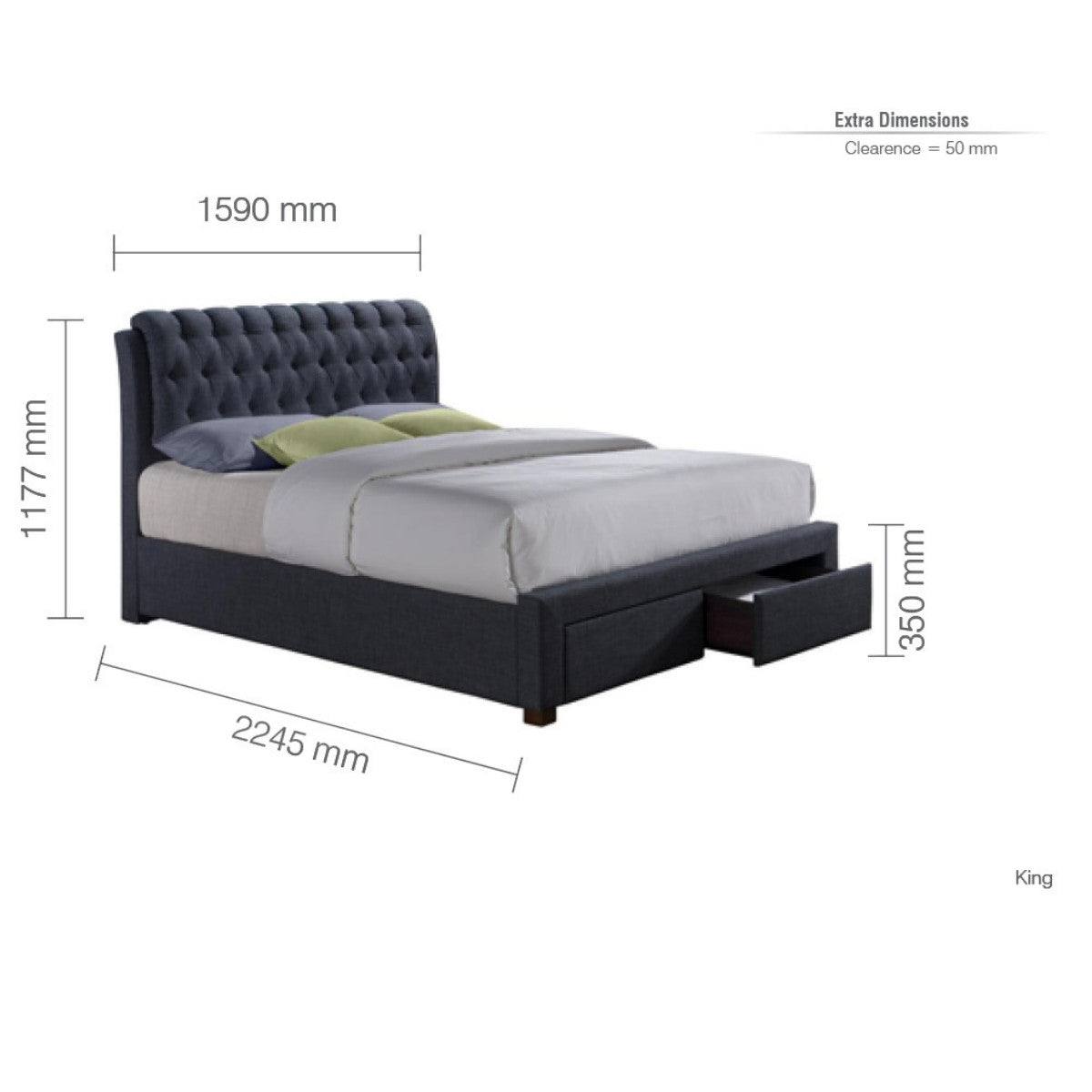 Valentino 2 Drawer Grey Fabric Bed - Double, King - UK Online Furniture