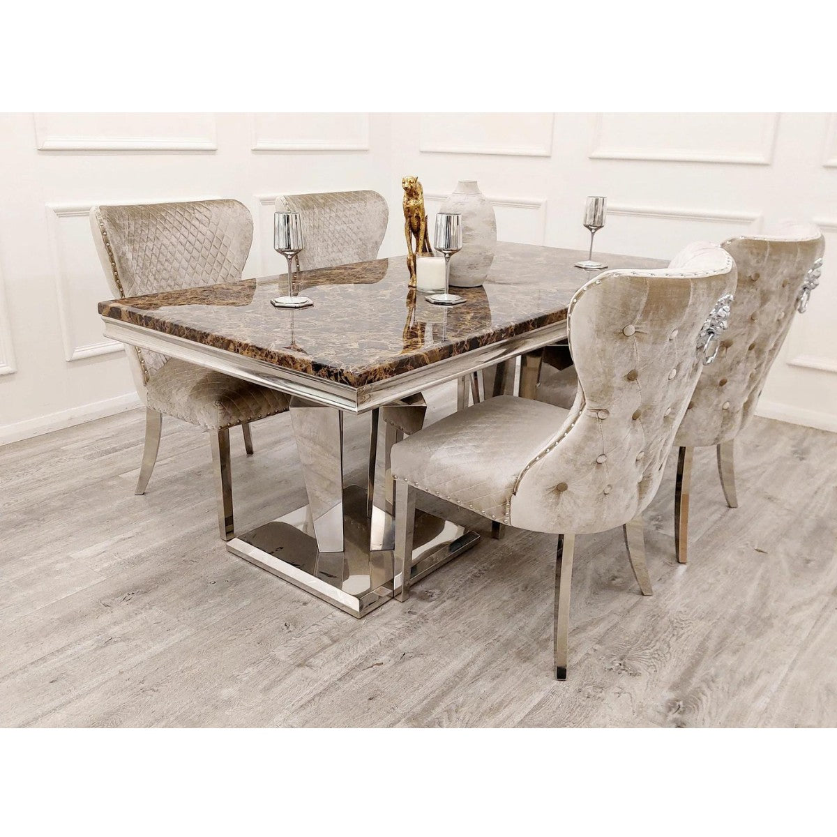 Xavia Marble Dining Table Set with 4 Velvet Chelsea Chairs - UK Online Furniture