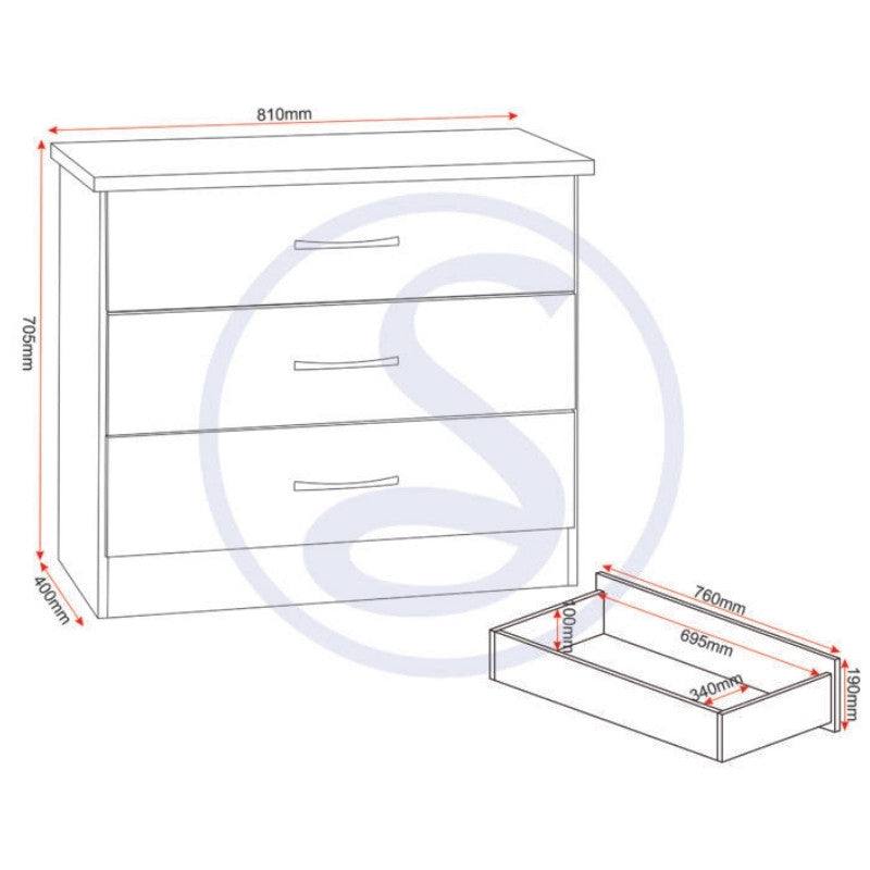 Nevada 3 Drawer Chest (Nightstand / Bedside) - UK Online Furniture