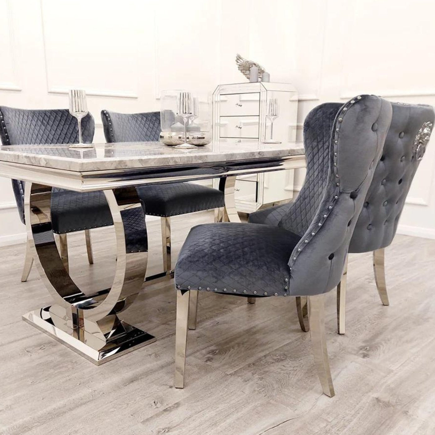 Arriana Marble Dining Table with Velvet Chelsea Lion Knocker Chairs Light Grey Steel Grey Table