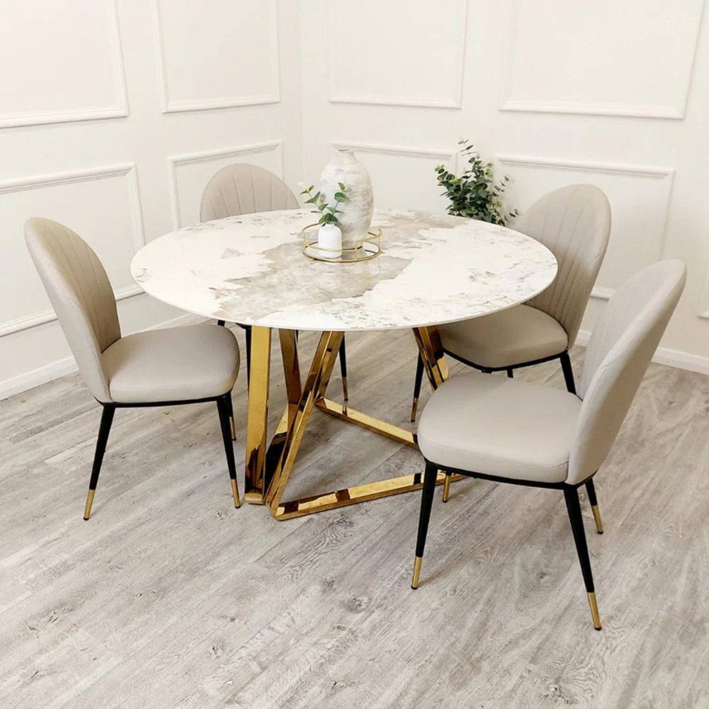 Etta Beige Leather Dining Chair with Black & Gold Feet - UK Online Furniture
