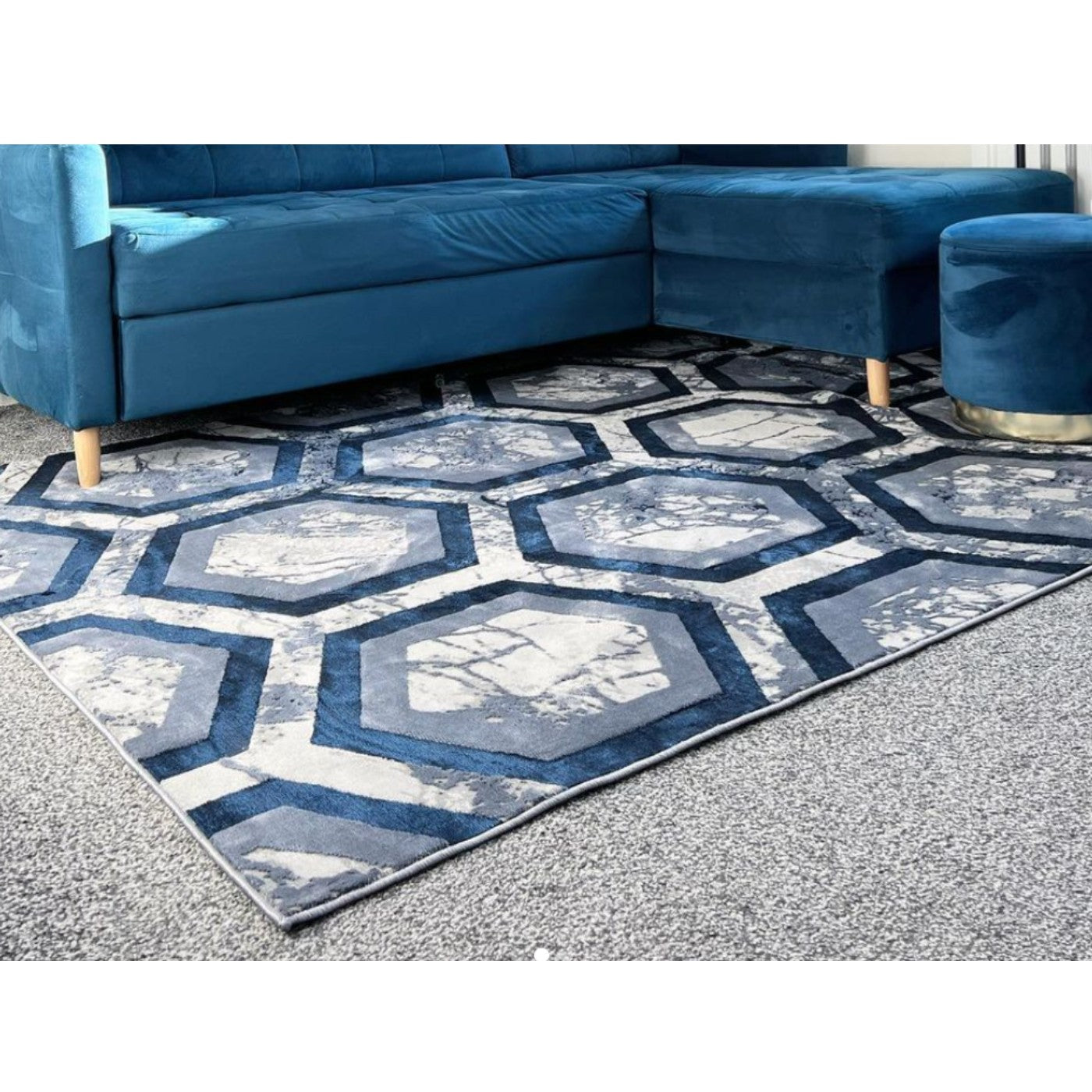 Aurora Hexagon Blue & Grey Rug - Abstract & Geometric - UK Online Furniture