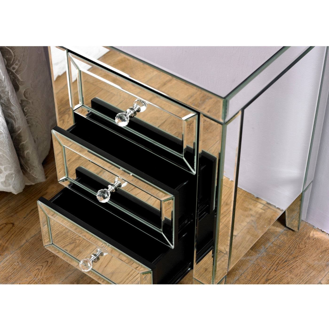 Valencia 3 Drawer Mirrored Glass Bedside - UK Online Furniture