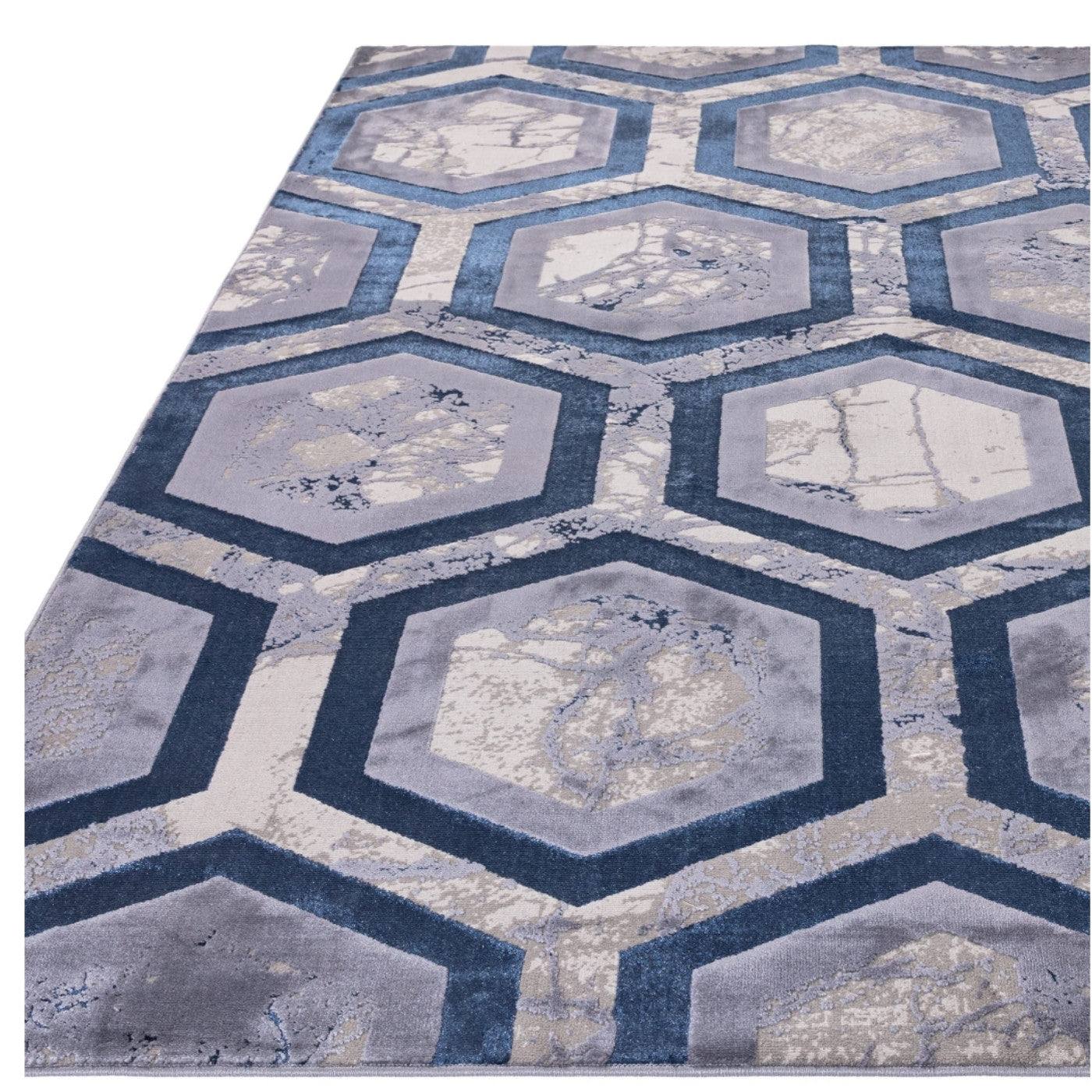 Aurora Hexagon Blue & Grey Rug - Abstract & Geometric - UK Online Furniture