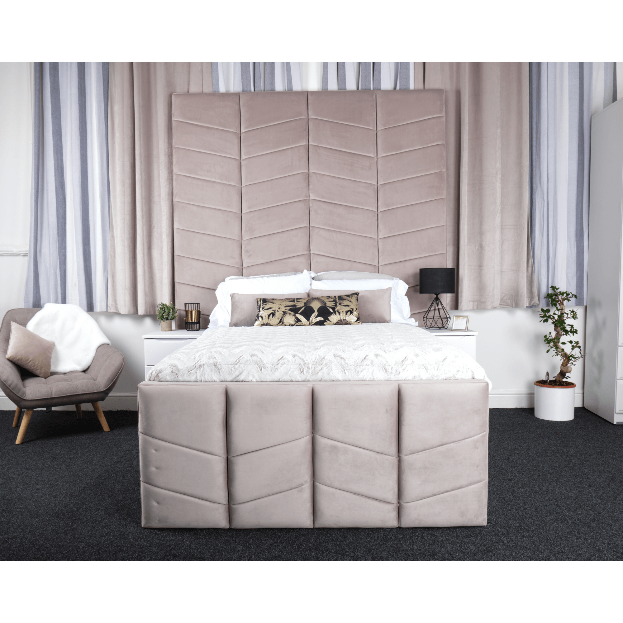 Naples Bed - Velvet Fabric Ottoman Bed Frame with Tall Headboard - UK Online Furniture