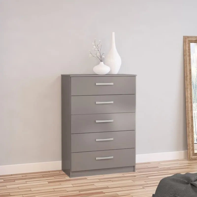 High-Gloss Lynx 5 Drawer Chest in Grey, Black, White, Brown, Silver
