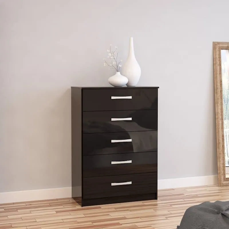 High-Gloss Lynx 5 Drawer Chest in Grey, Black, White, Brown, Silver