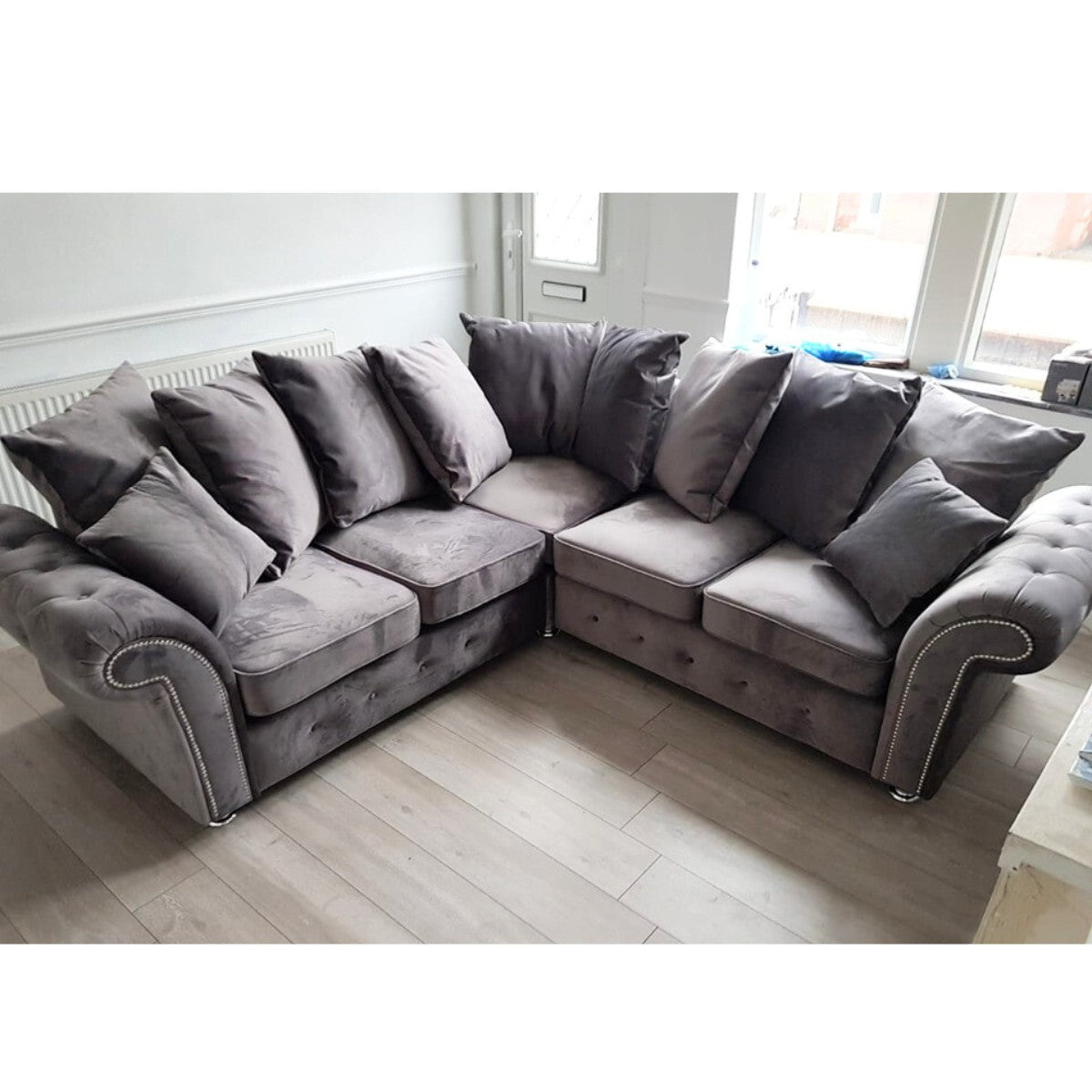 Oakland Scatter Back Velvet Corner Sofa in Beige or Grey Velvet - UK Online Furniture