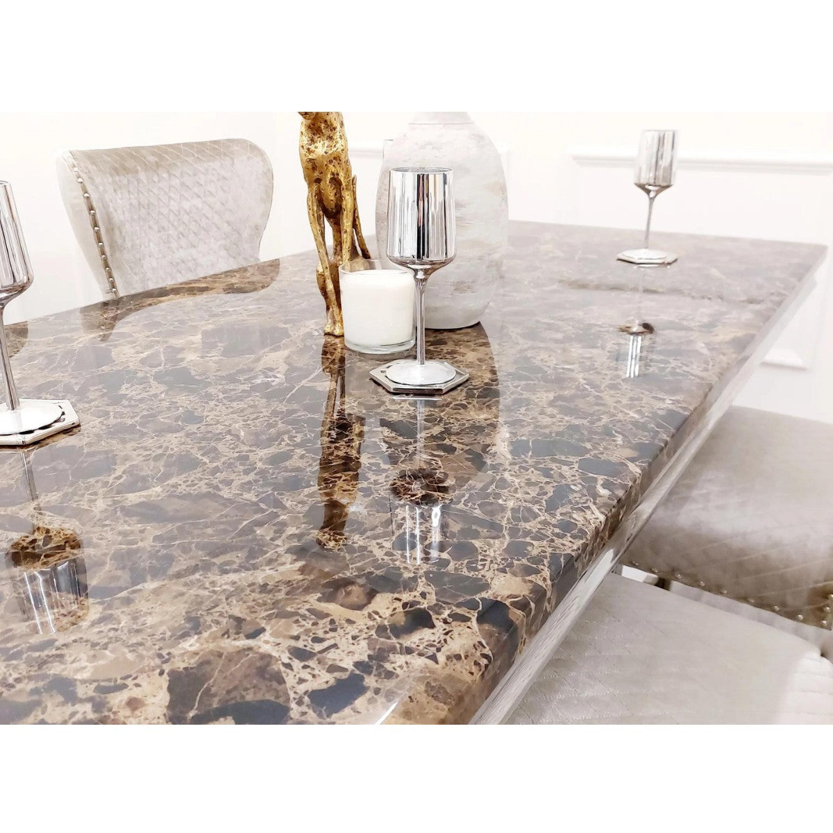 Xavia Marble Dining Table Set with 4 Velvet Chelsea Chairs - UK Online Furniture