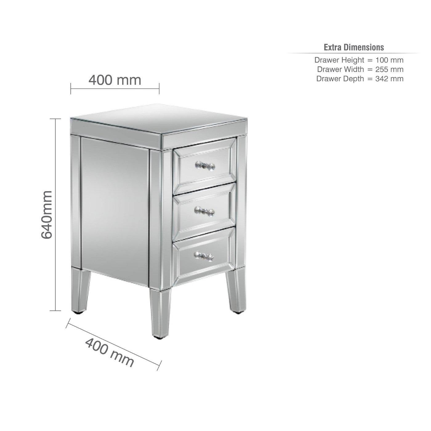 Valencia 3 Drawer Mirrored Glass Bedside - UK Online Furniture