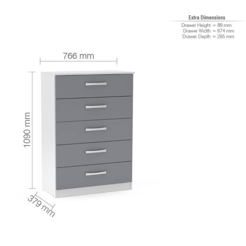 High-Gloss Lynx 5 Drawer Chest in Grey, Black, White, Brown, Silver - UK Online Furniture