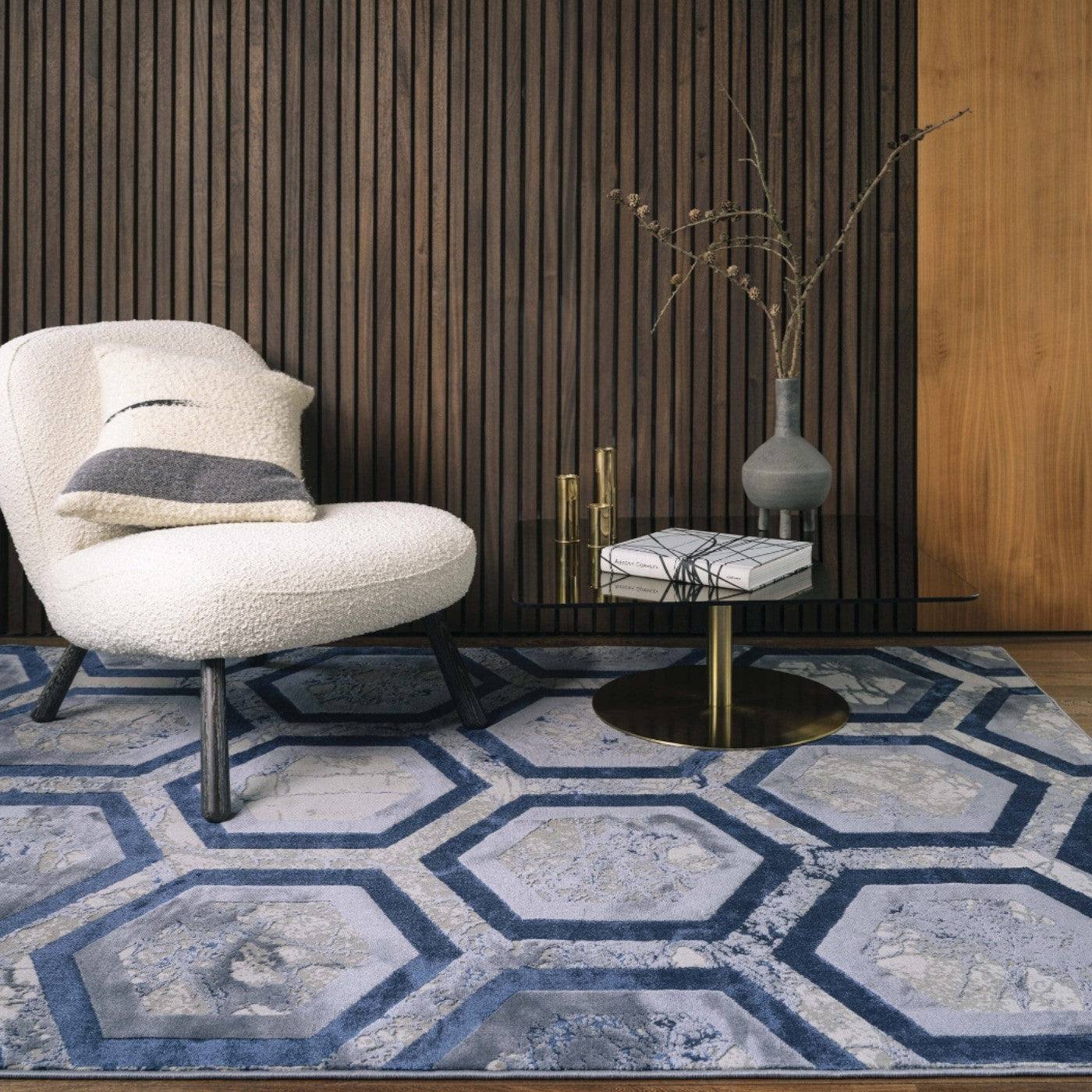 Aurora Hexagon Blue & Grey Rug - Abstract & Geometric - UK Online Furniture