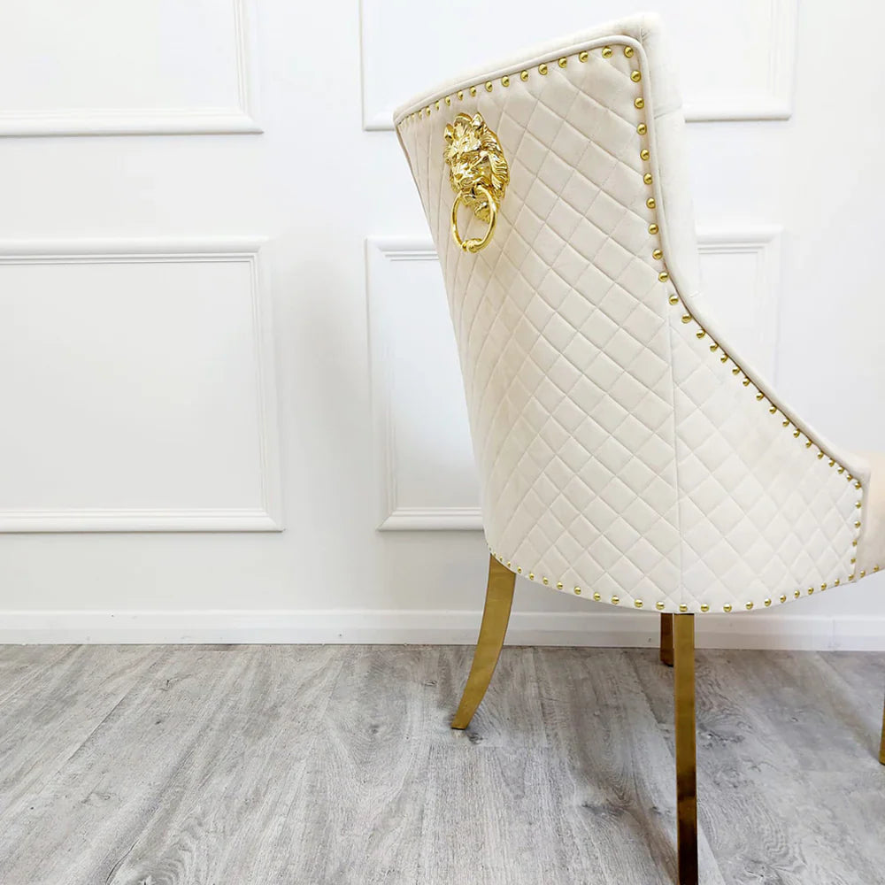 Louis Gold Marble Dining Table with 4 Bentley Lion Knocker Velvet Chairs - UK Online Furniture