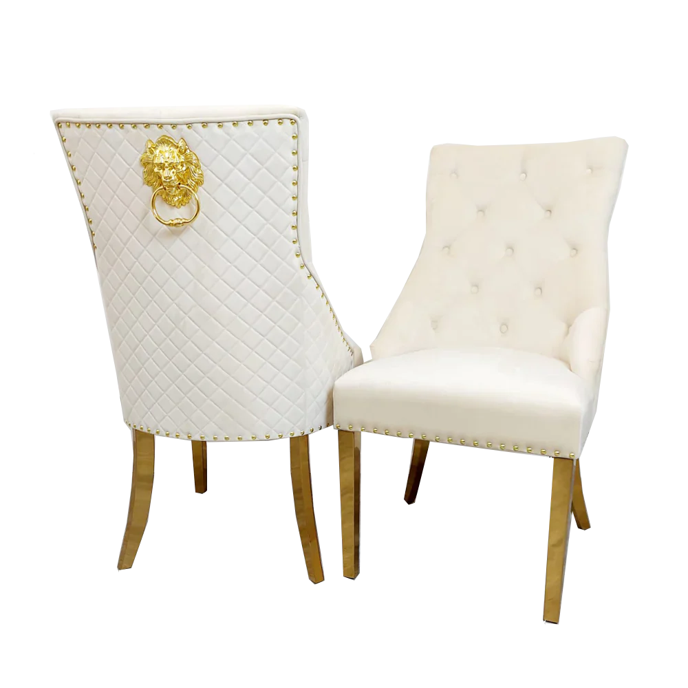 Louis Gold Marble Dining Table with 4 Bentley Lion Knocker Velvet Chairs - UK Online Furniture