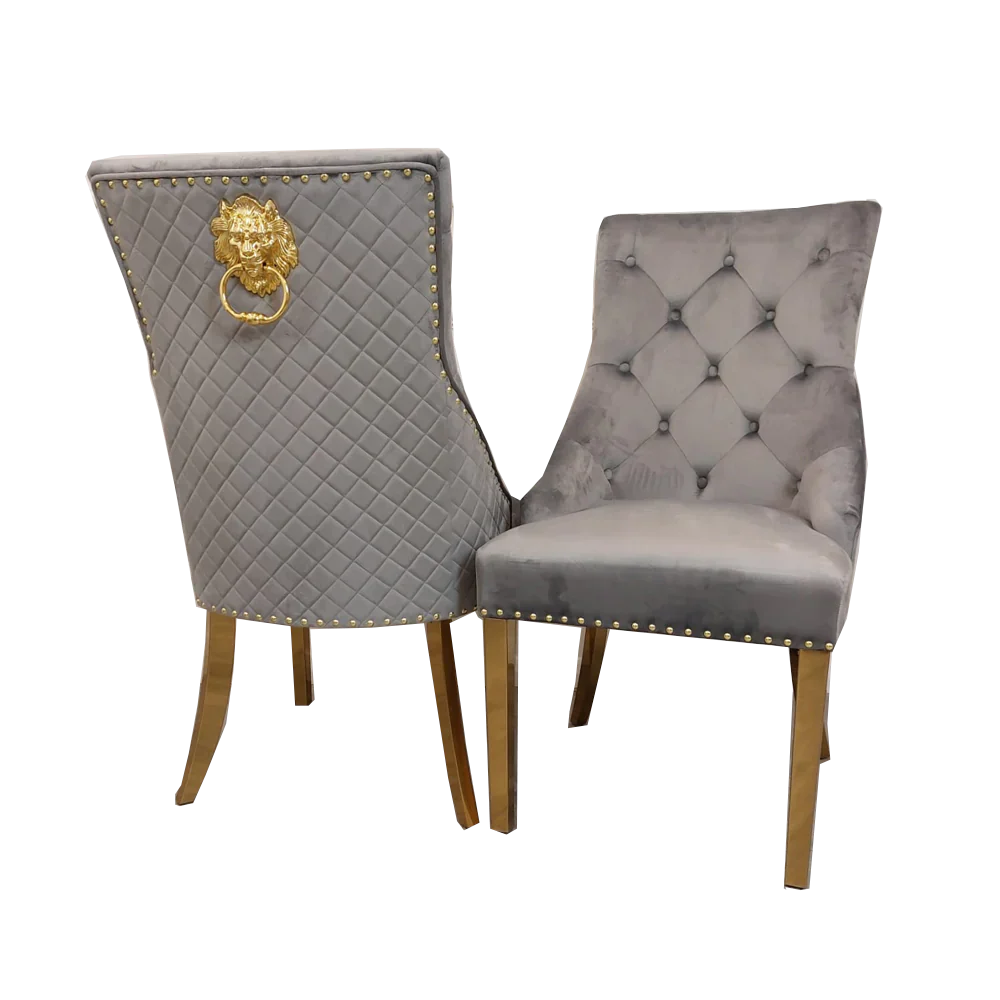Louis Gold Marble Dining Table with 4 Bentley Lion Knocker Velvet Chairs - UK Online Furniture