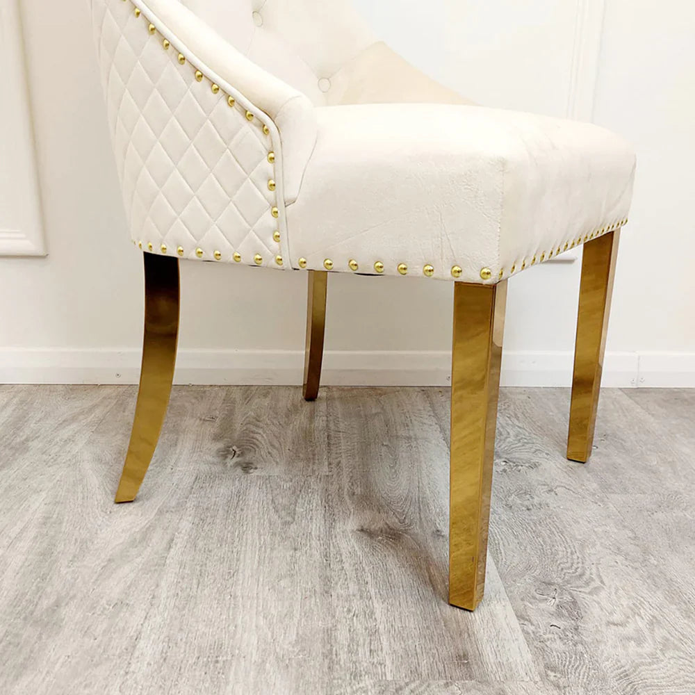 Louis Gold Marble Dining Table with 4 Bentley Lion Knocker Velvet Chairs - UK Online Furniture