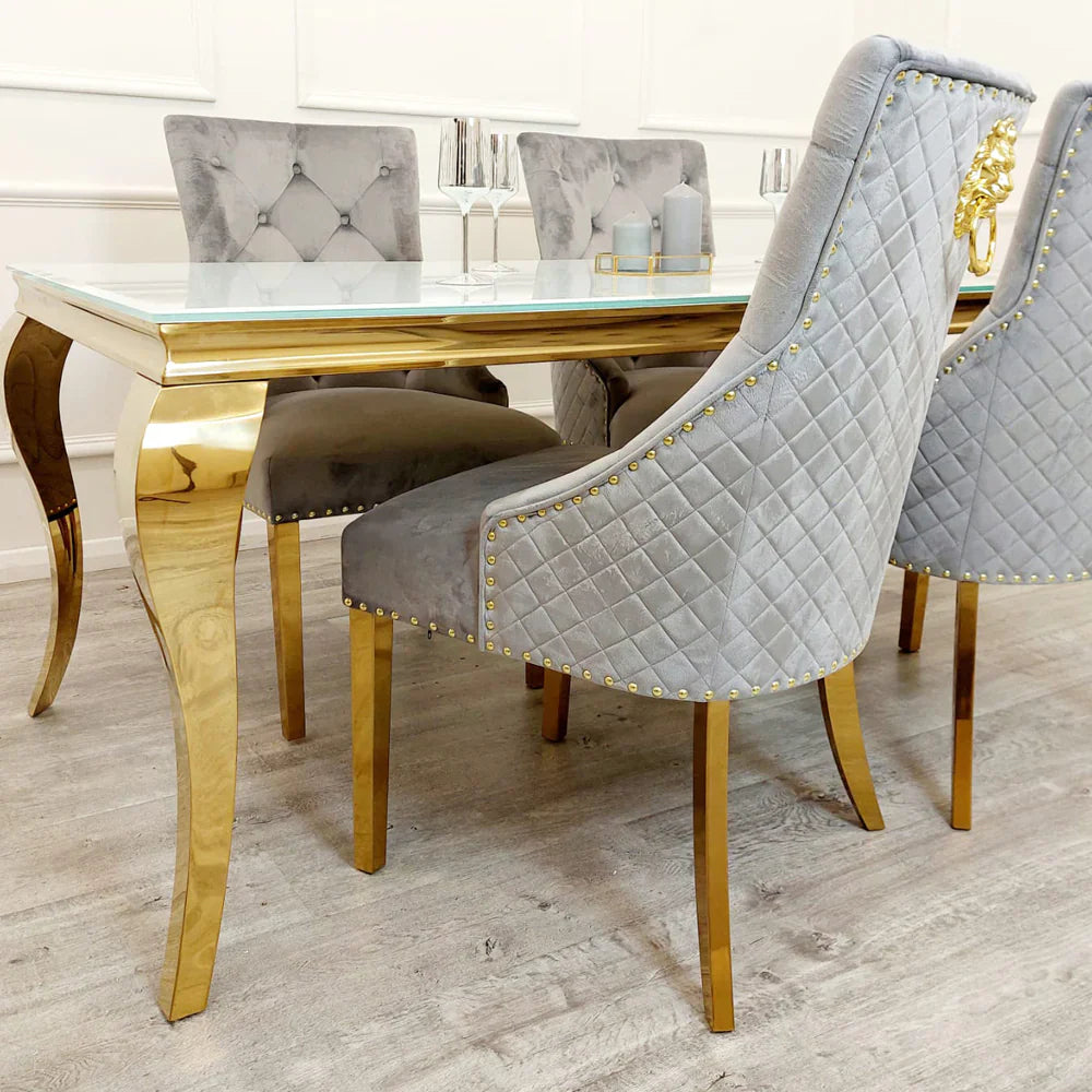 Louis Gold Marble Dining Table with 4 Bentley Lion Knocker Velvet Chairs - UK Online Furniture
