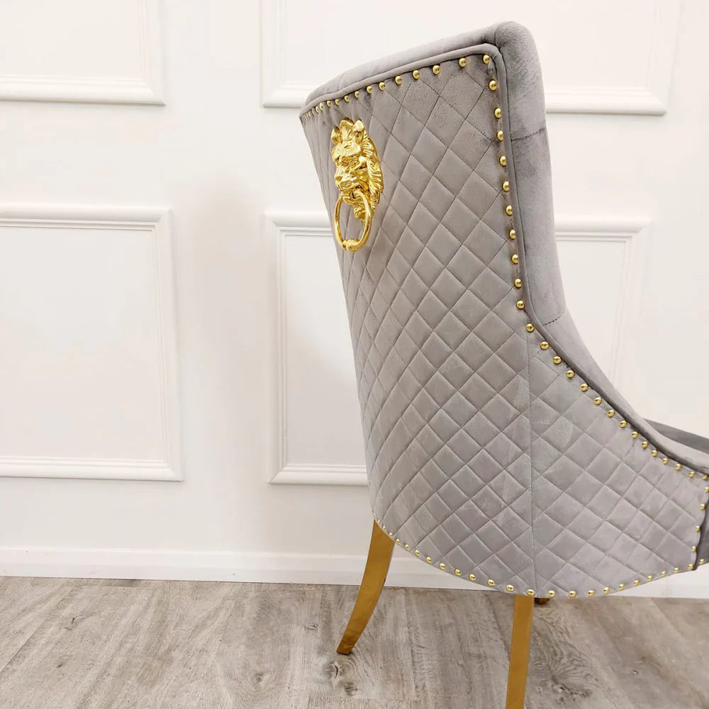 Louis Gold Marble Dining Table with 4 Bentley Lion Knocker Velvet Chairs - UK Online Furniture