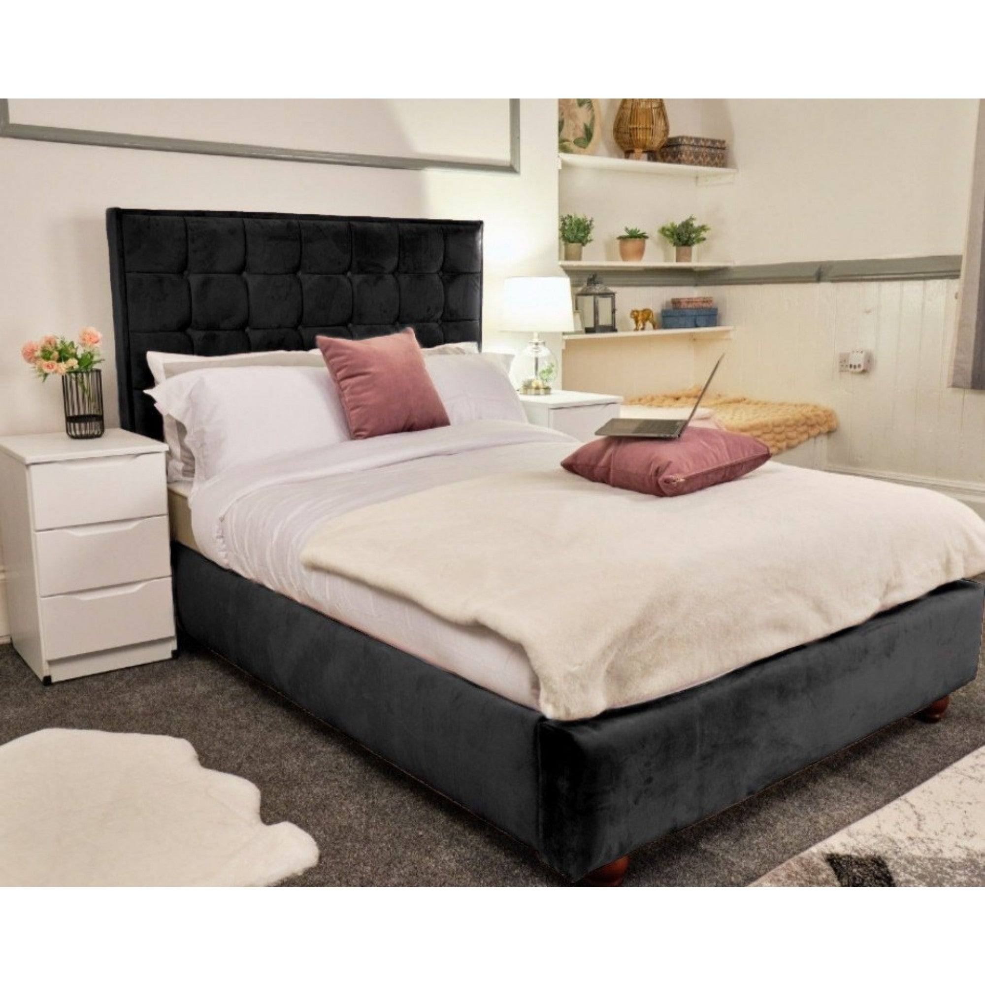 Prague Bed - Velvet Fabric Bed Frame - 5 Sizes -13 Colours - UK Online Furniture
