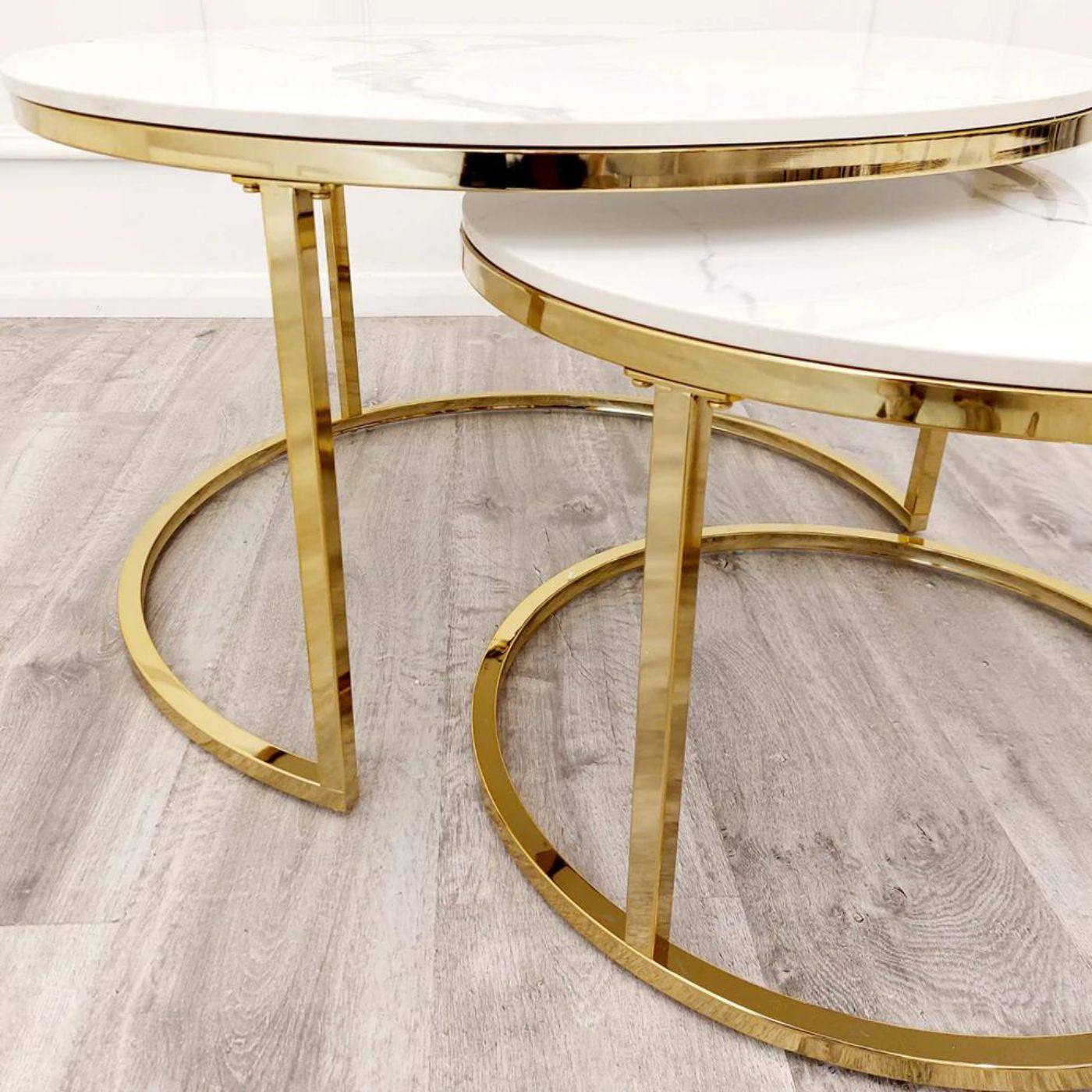 Cato Nest of 2 Short Round Gold Coffee Tables with White Stone Tops - UK Online Furniture
