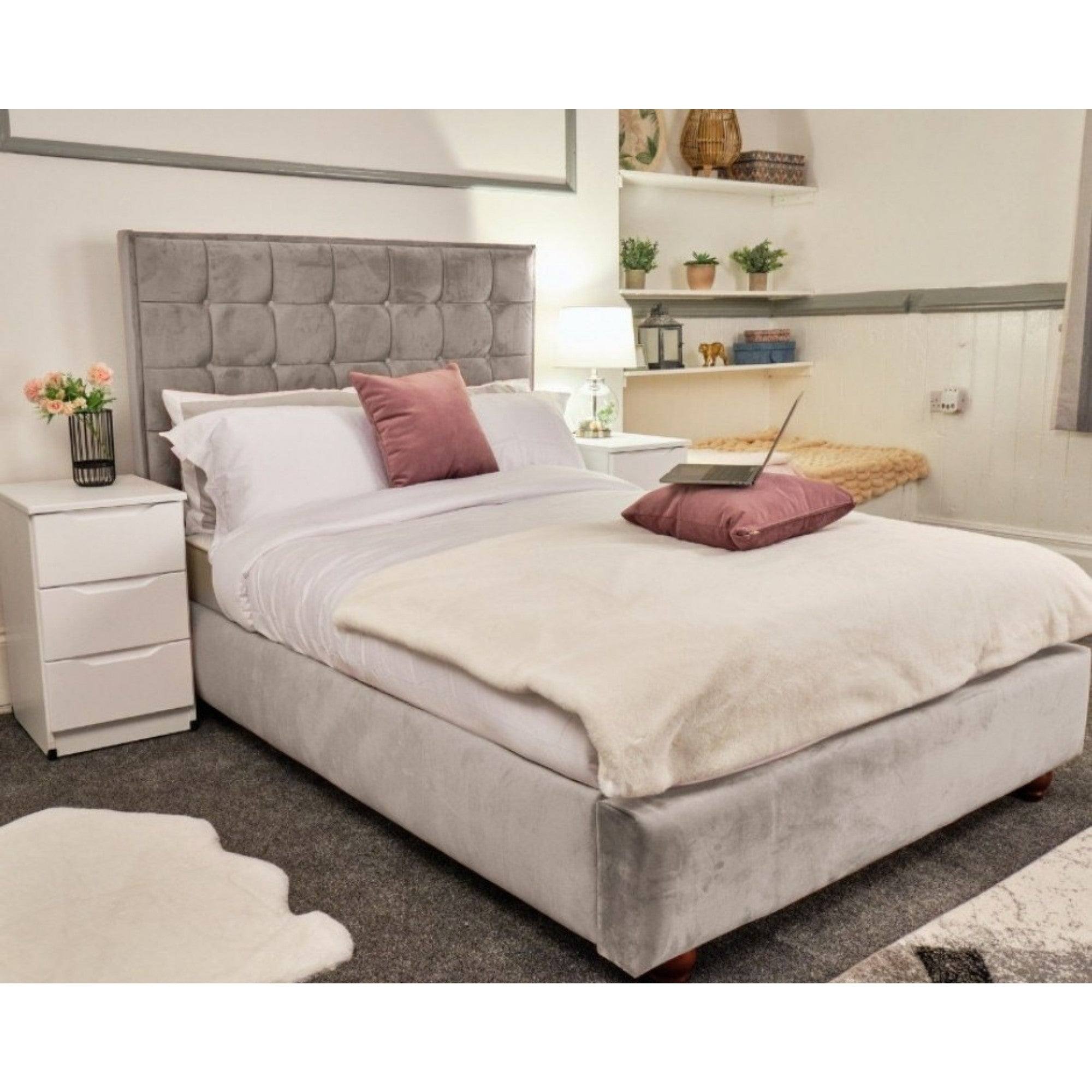 Prague Bed - Velvet Fabric Bed Frame - 5 Sizes -13 Colours - UK Online Furniture