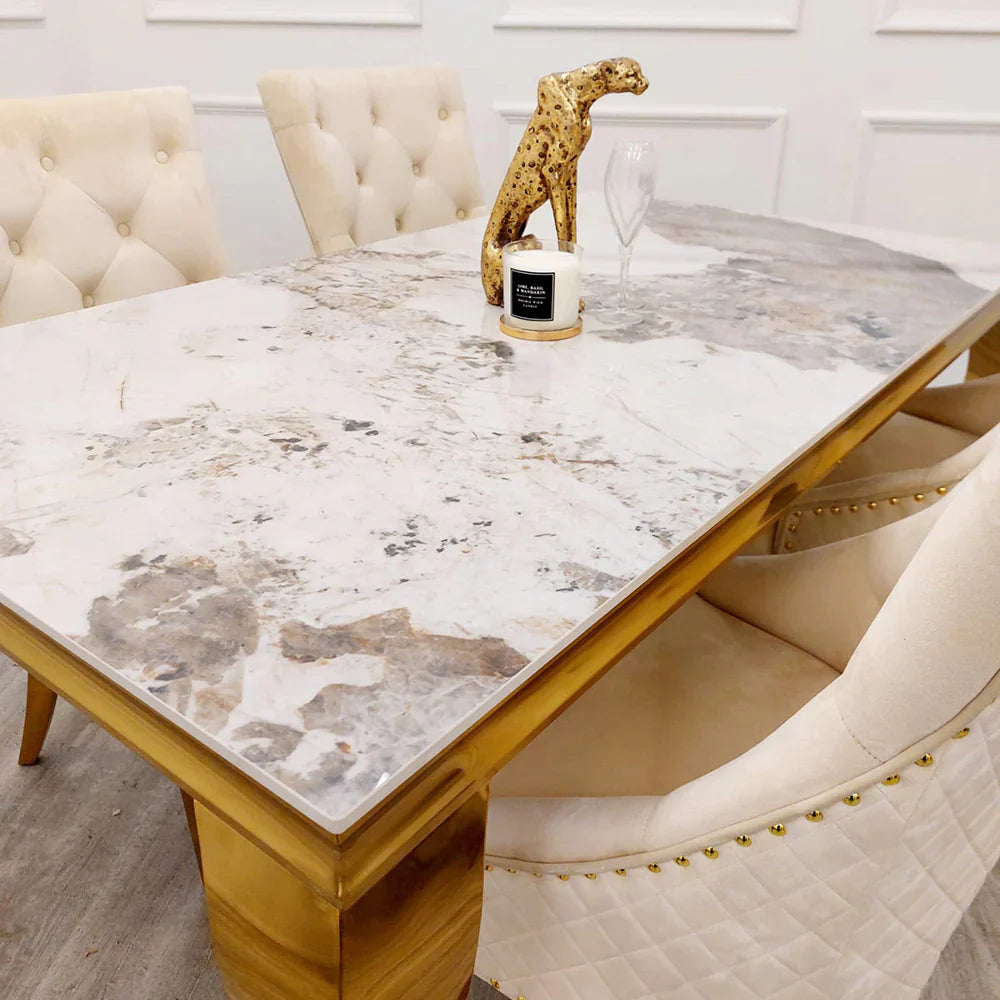 Louis Gold Marble Dining Table with 4 Bentley Lion Knocker Velvet Chairs - UK Online Furniture