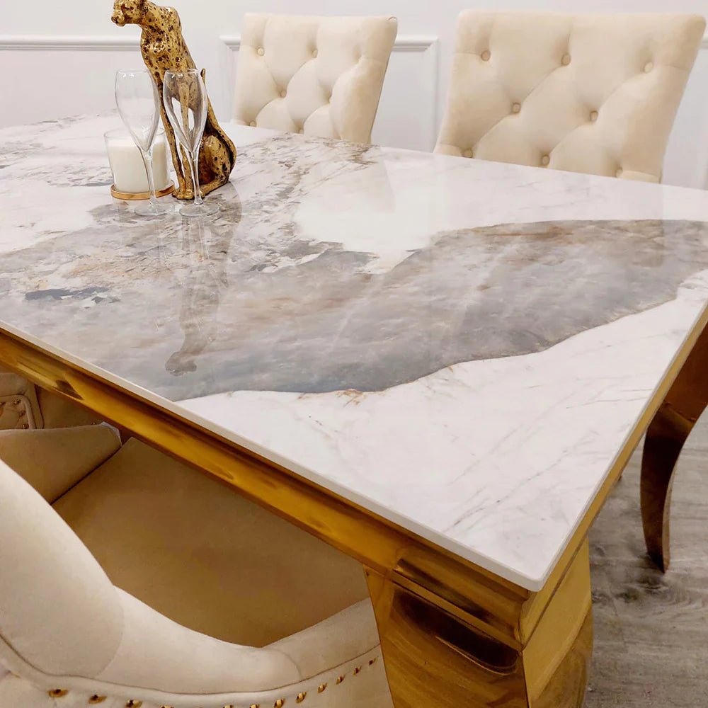 Louis Gold Marble Dining Table with 4 Bentley Lion Knocker Velvet Chairs - UK Online Furniture