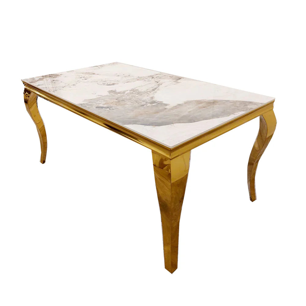 Louis Gold Marble Dining Table with 4 Bentley Lion Knocker Velvet Chairs - UK Online Furniture