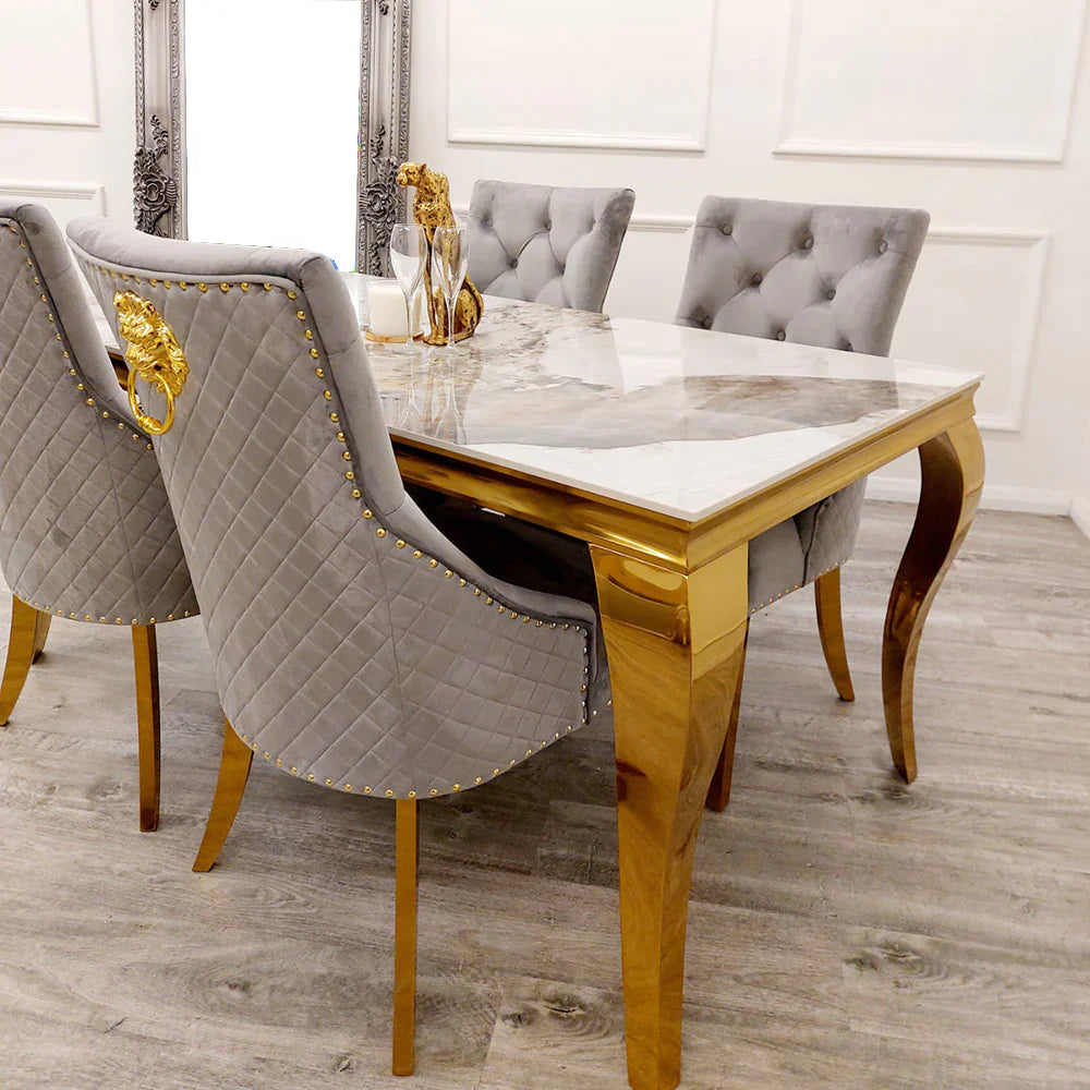 Louis Gold Marble Dining Table with 4 Bentley Lion Knocker Velvet Chairs - UK Online Furniture