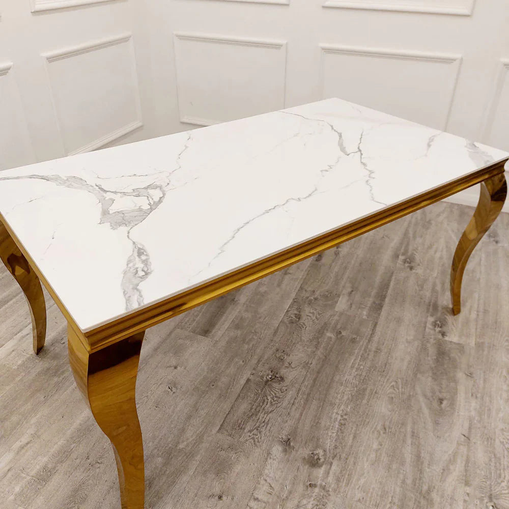 Louis Gold Marble Dining Table with 4 Bentley Lion Knocker Velvet Chairs - UK Online Furniture
