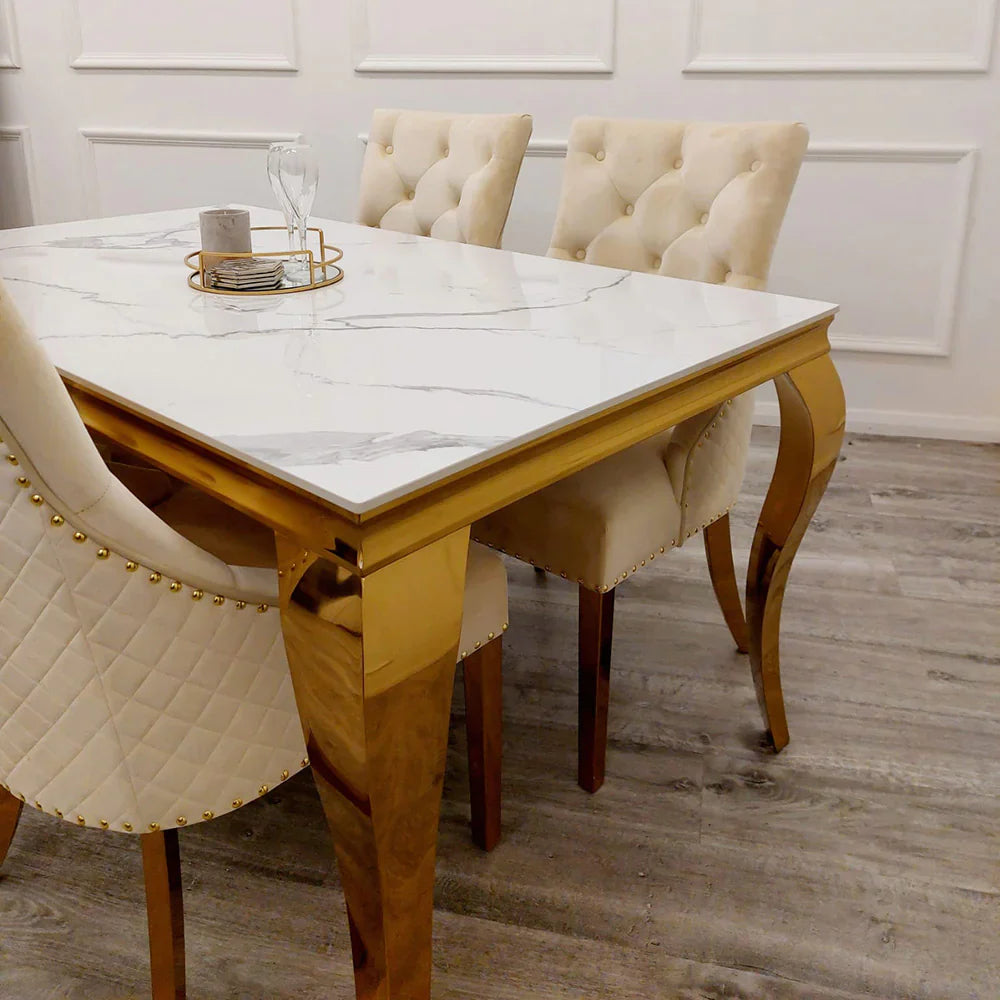 Louis Gold Marble Dining Table with 4 Bentley Lion Knocker Velvet Chairs - UK Online Furniture
