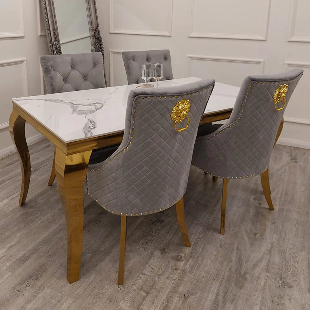 Louis Gold Marble Dining Table with 4 Bentley Lion Knocker Velvet Chairs - UK Online Furniture