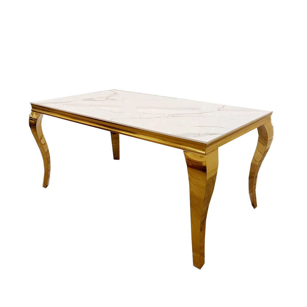 Louis Gold Marble Dining Table with 4 Bentley Lion Knocker Velvet Chairs - UK Online Furniture