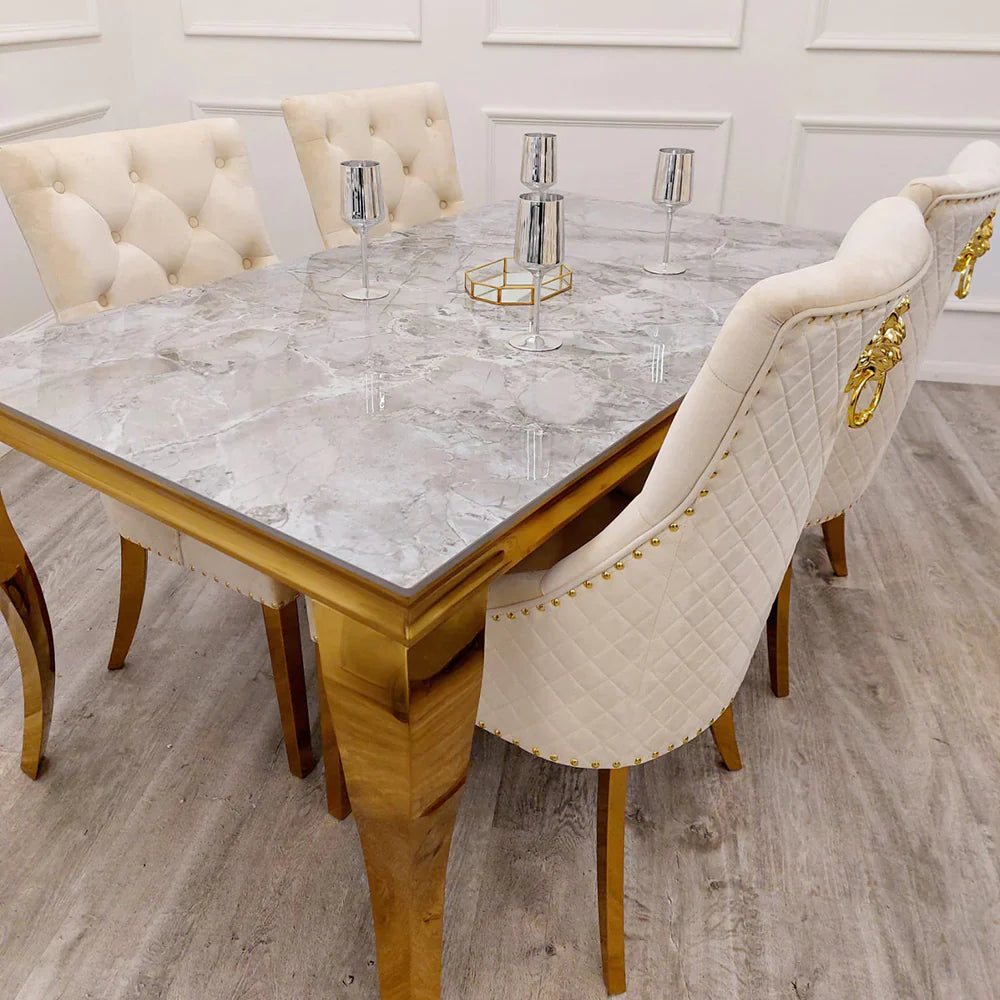 Louis Gold Marble Dining Table with 4 Bentley Lion Knocker Velvet Chairs - UK Online Furniture