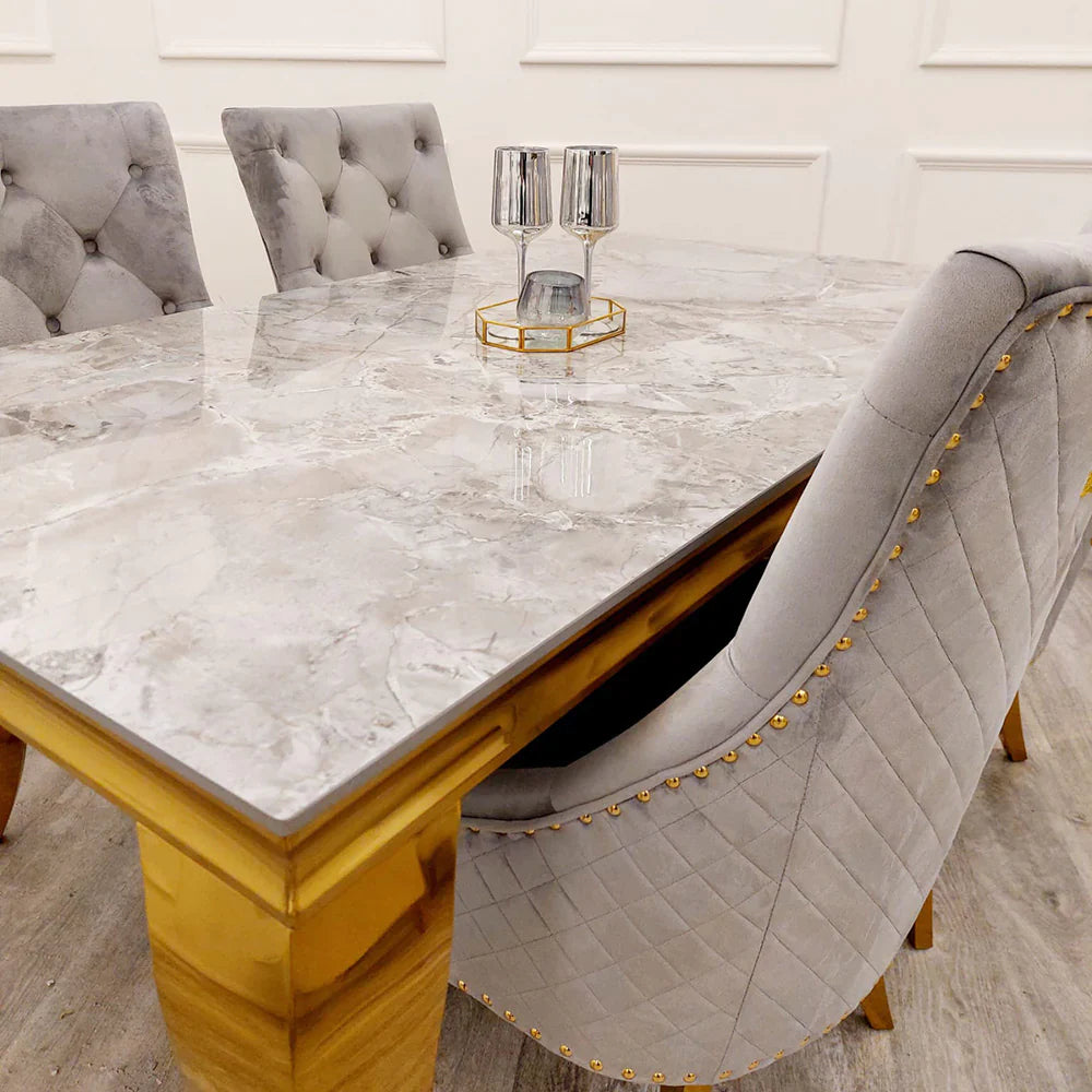 Louis Gold Marble Dining Table with 4 Bentley Lion Knocker Velvet Chairs - UK Online Furniture