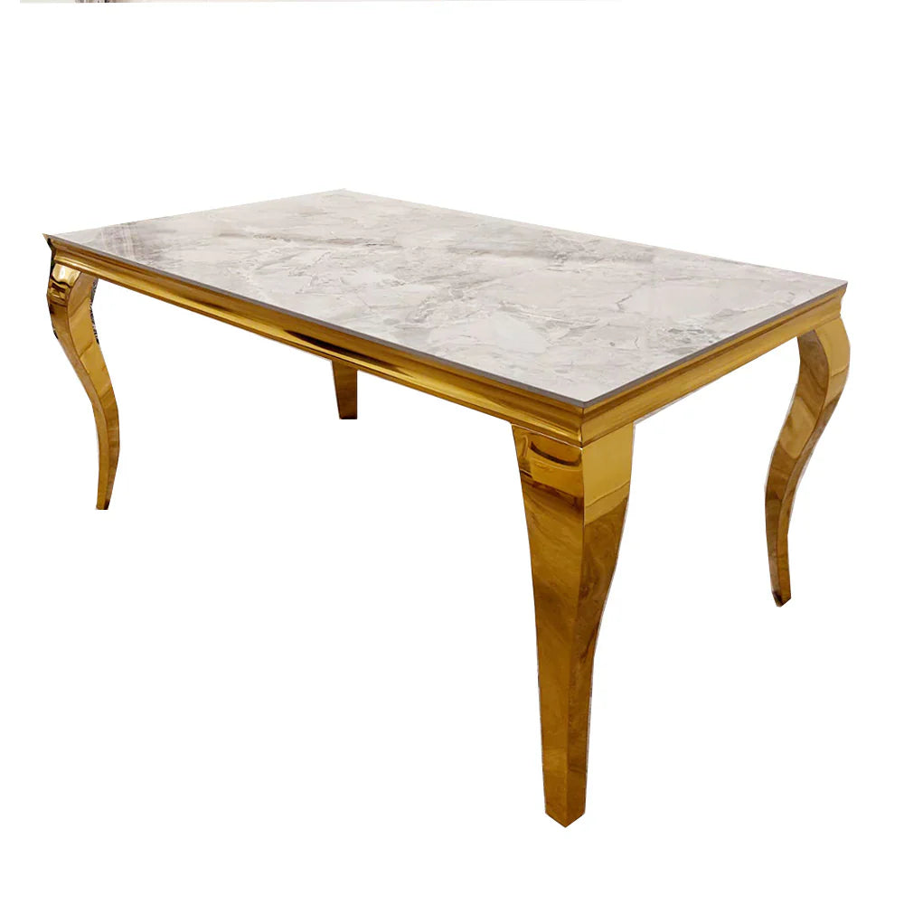 Louis Gold Marble Dining Table with 4 Bentley Lion Knocker Velvet Chairs - UK Online Furniture