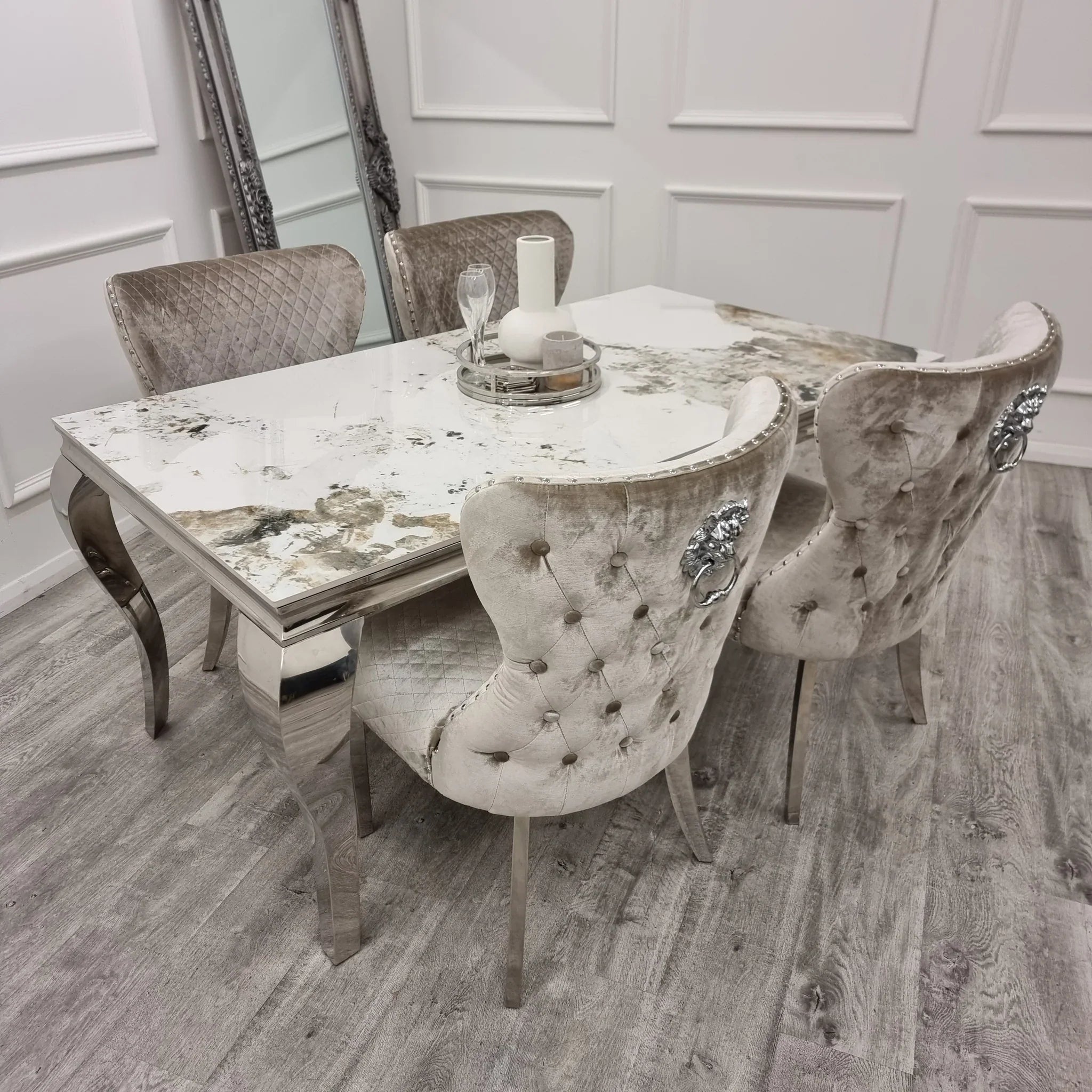 Xavia Marble Dining Table Set with 4 Velvet Chelsea Chairs - UK Online Furniture
