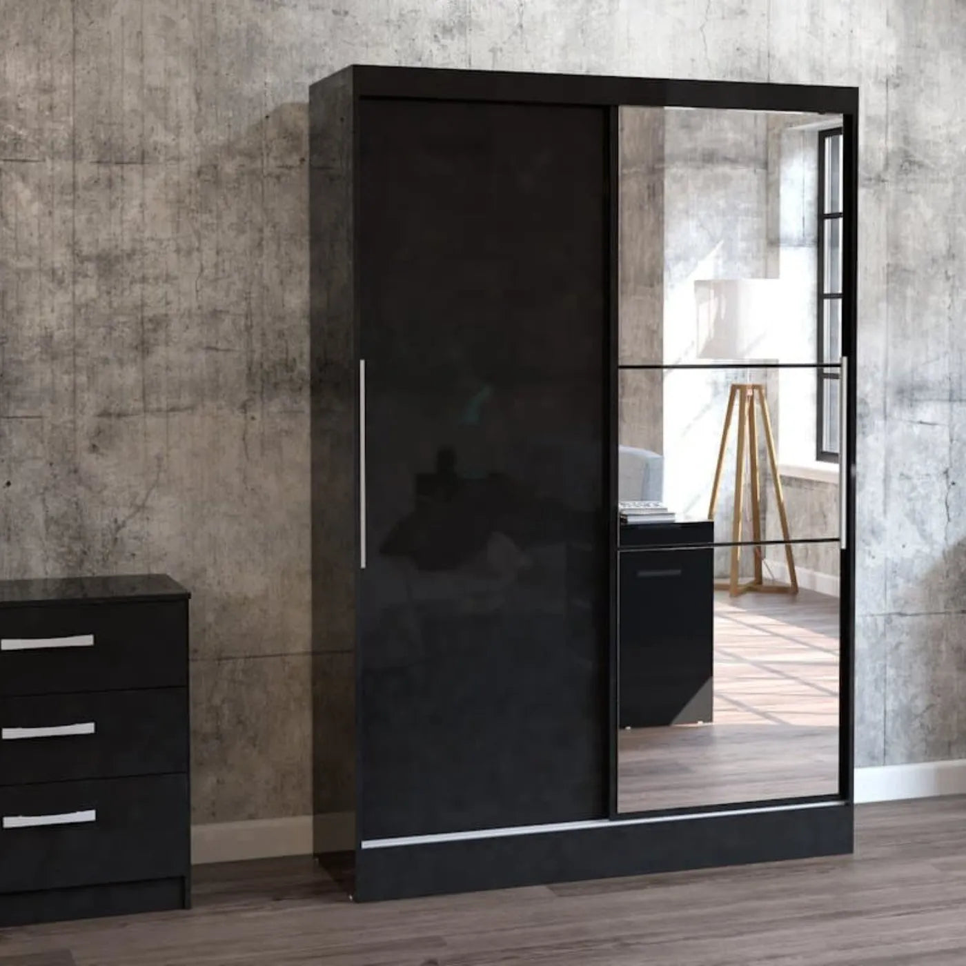 Lynx 2 Door Sliding Mirrored Wardrobe in Black