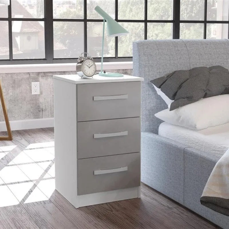High-Gloss Lynx 3 Drawer Bedside in Grey, Black, White, Brown, Silver