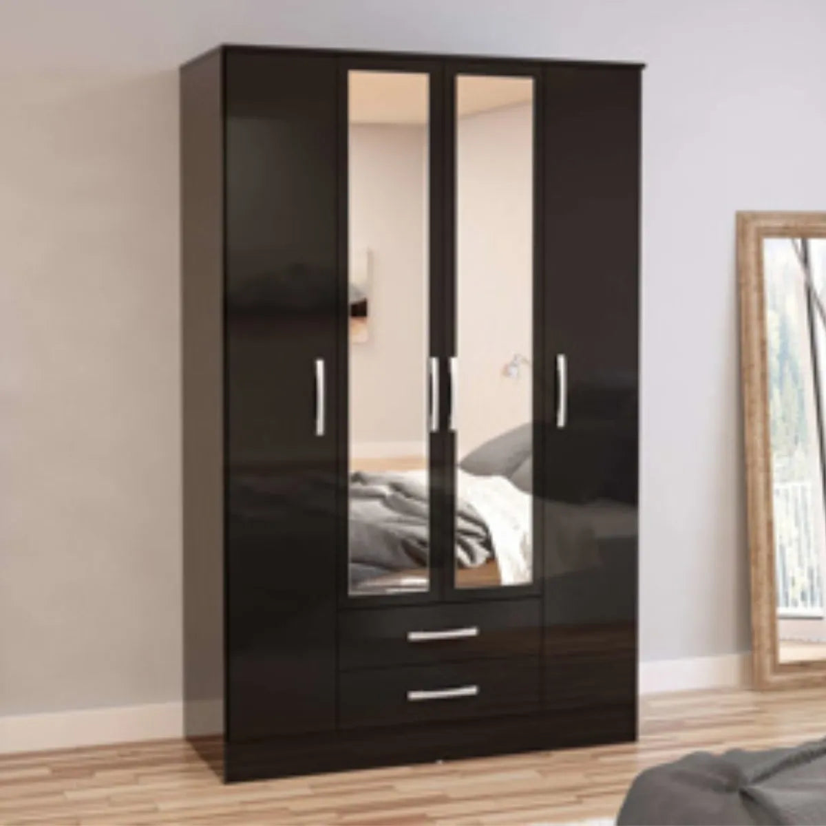 Lynx 4 Door Mirrored Wardrobe in Black