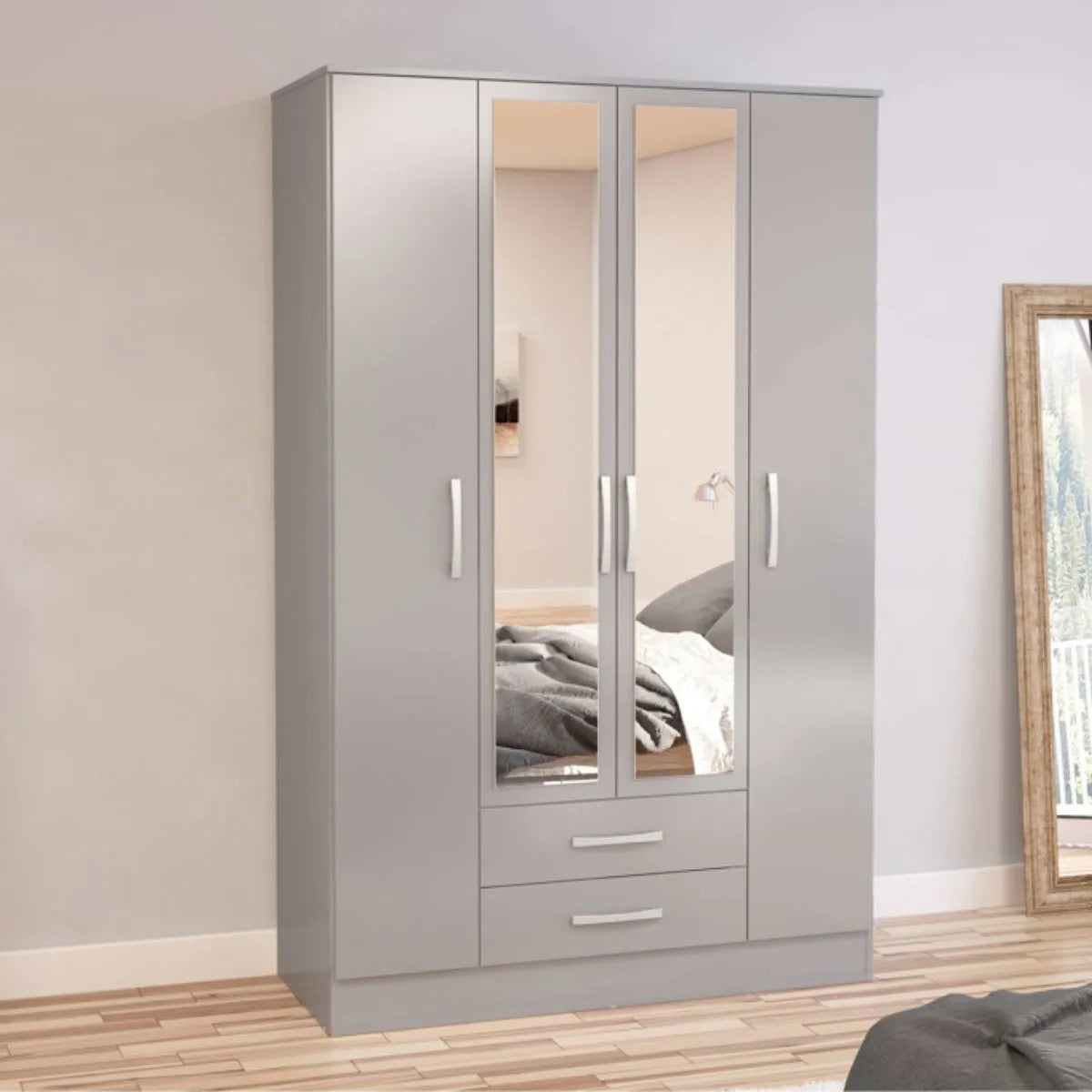Lynx 4 Door Mirrored Wardrobe in Grey