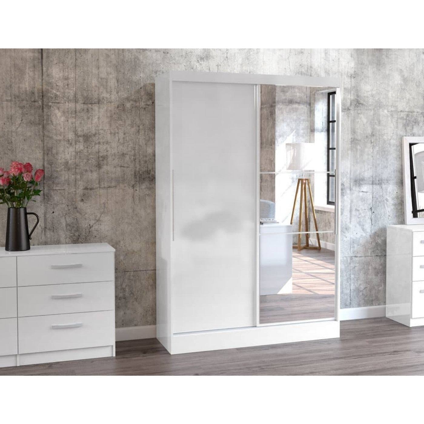 Lynx 2 Door Sliding Mirrored Wardrobe in White - UK Online Furniture