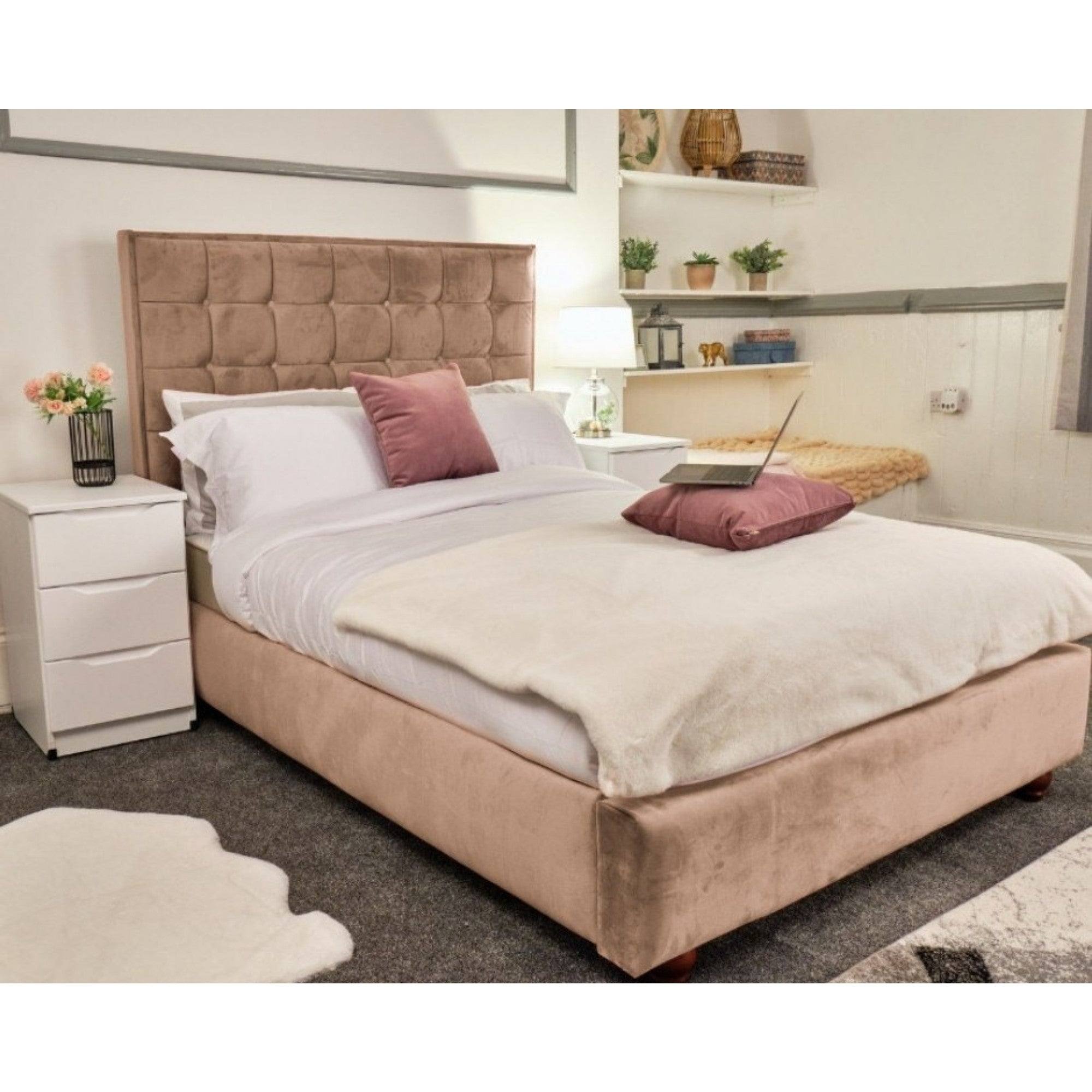 Prague Bed - Velvet Fabric Bed Frame - 5 Sizes -13 Colours - UK Online Furniture