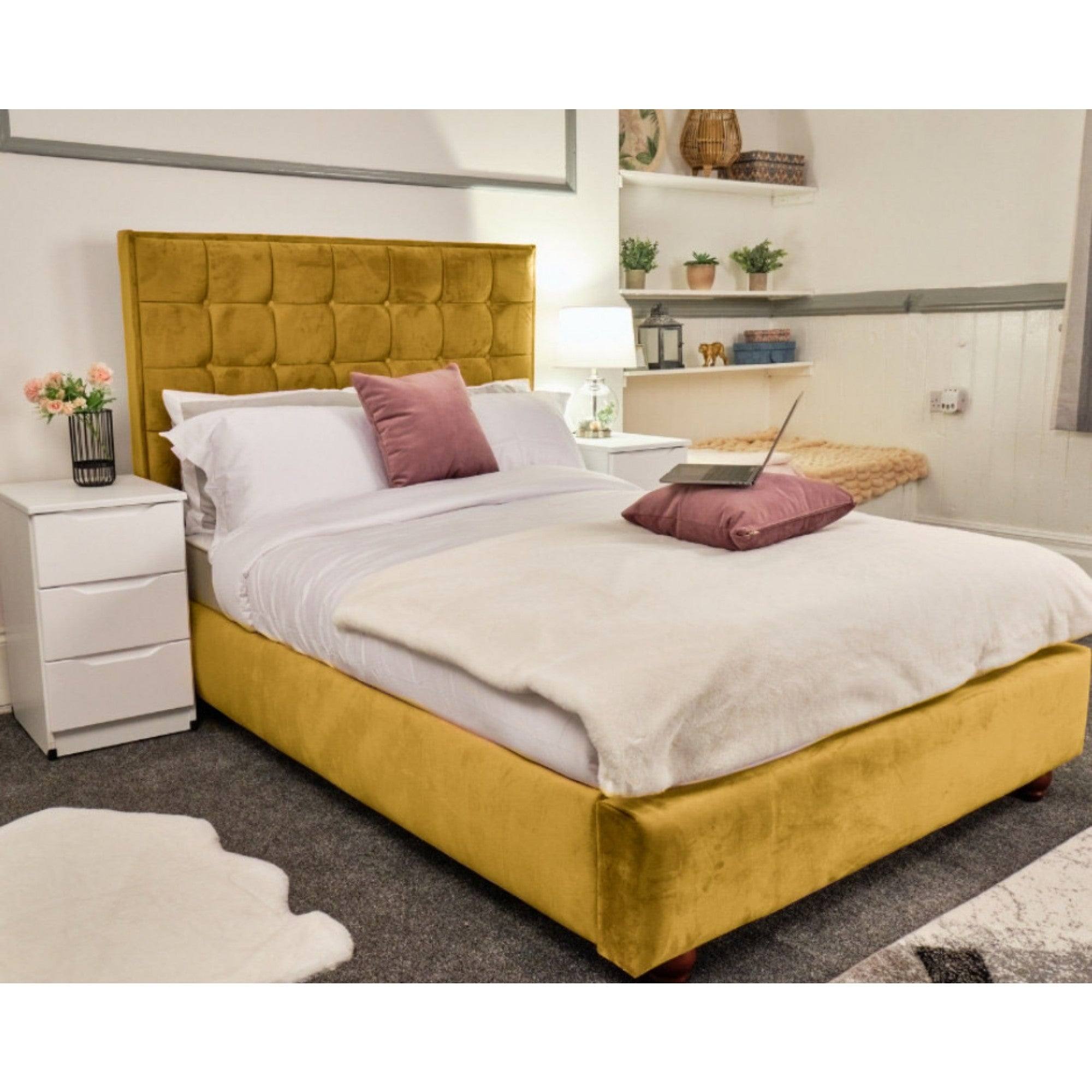 Prague Bed - Velvet Fabric Bed Frame - 5 Sizes -13 Colours - UK Online Furniture
