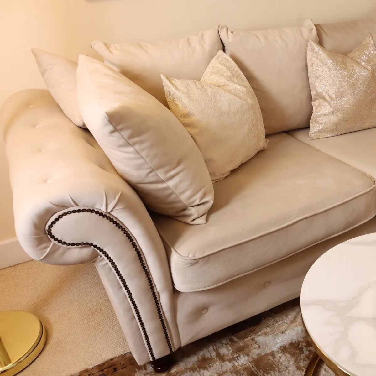 Oakland Scatter Back Velvet Corner Sofa in Beige or Grey Velvet