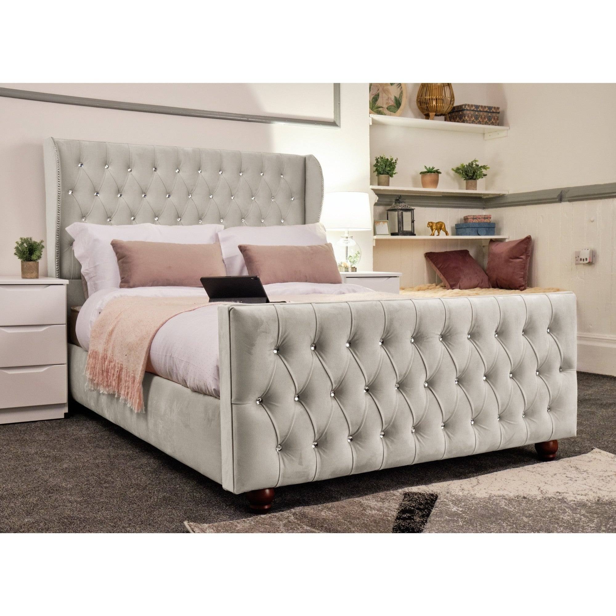 Venice Bed - Velvet Bed with Winged Headboard and Diamond Tufting - UK Online Furniture
