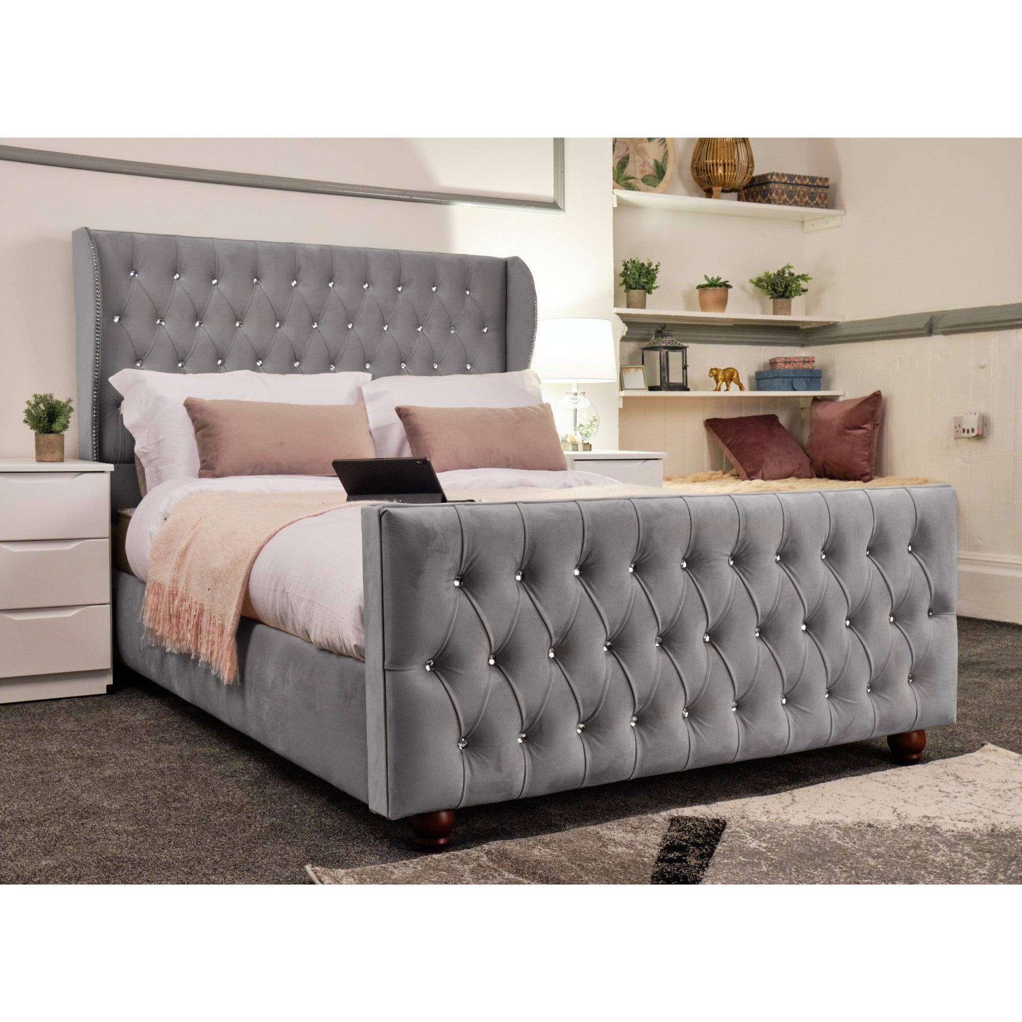 Venice Bed - Velvet Bed with Winged Headboard and Diamond Tufting - UK Online Furniture