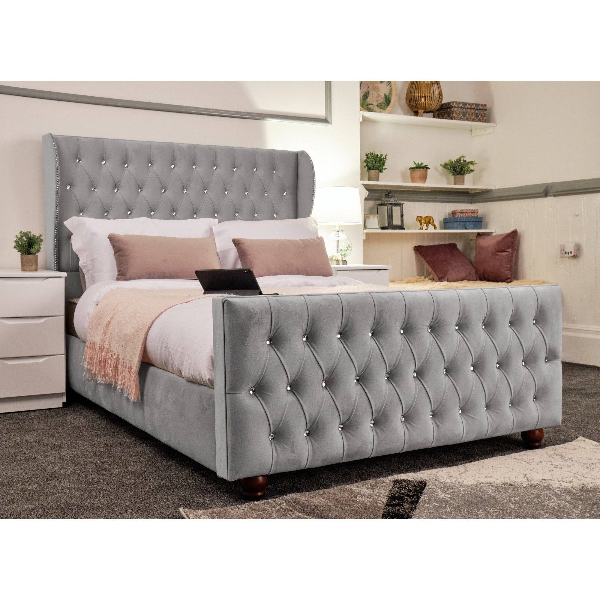 Venice Bed - Velvet Bed with Winged Headboard and Diamond Tufting - UK Online Furniture