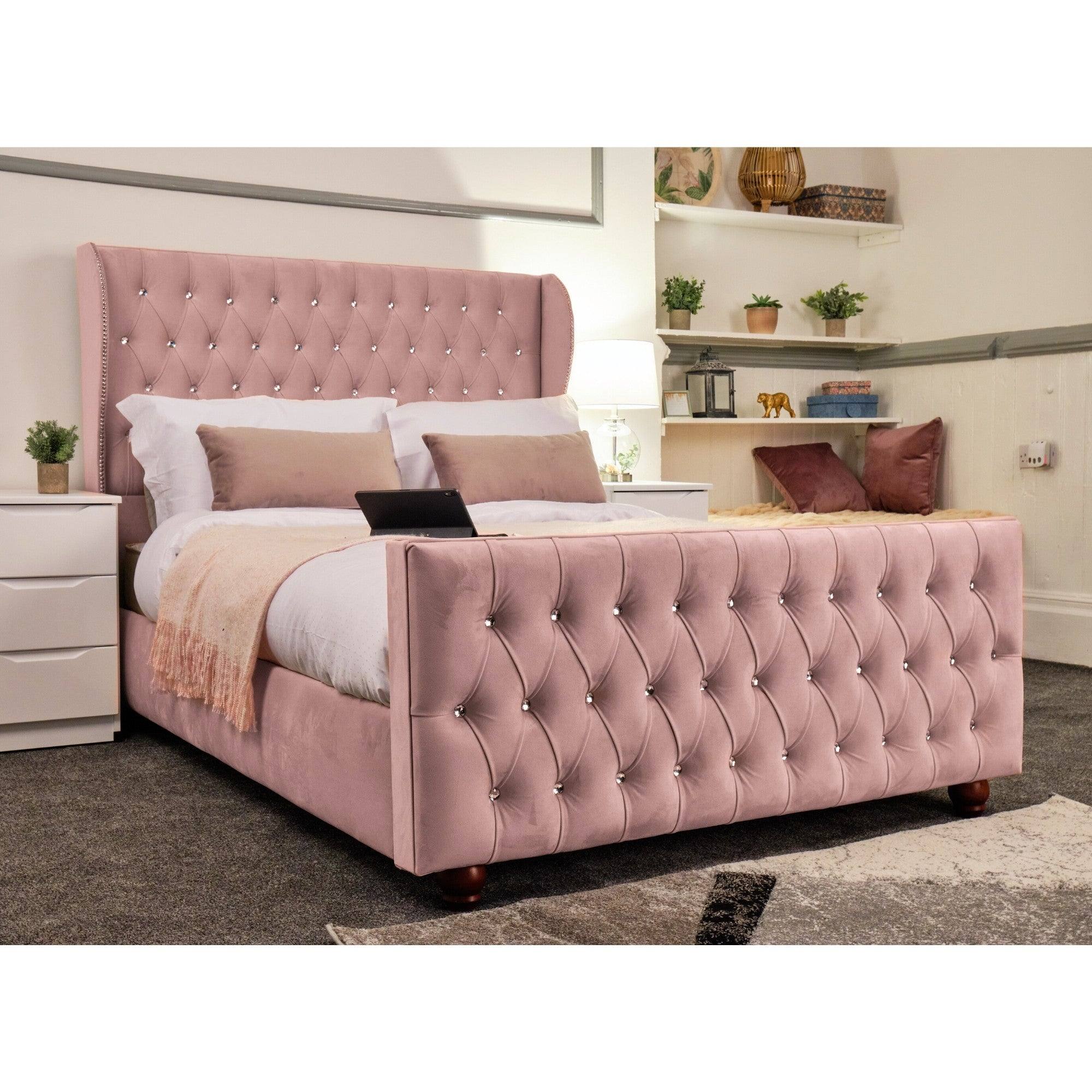 Venice Bed - Velvet Bed with Winged Headboard and Diamond Tufting - UK Online Furniture