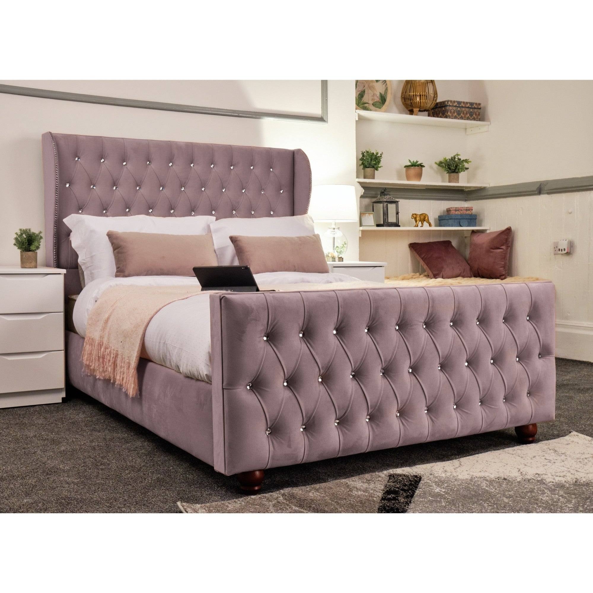 Venice Bed - Velvet Bed with Winged Headboard and Diamond Tufting - UK Online Furniture